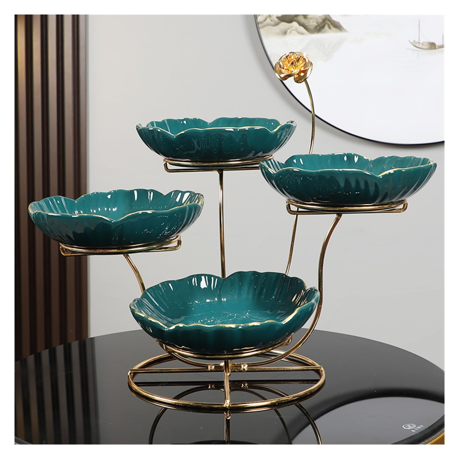 Talerz z owocami Wielowarstwowy ceramiczny talerz na owoce Nowy chiński stolik kawowy do salonu Talerz na owoce Nakrętka Talerz na przekąski Miska z owocami(Green-A)