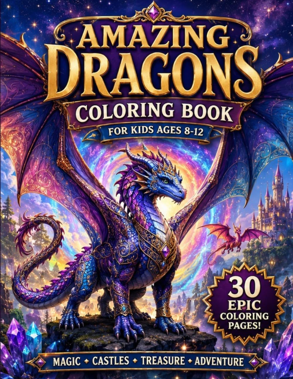 Amazing Dragons Coloring Book: Epic Dragon Coloring Pages for Kids Ages 8-12 with Fantasy Dragons, Castles, Treasure, Magic and Adventure