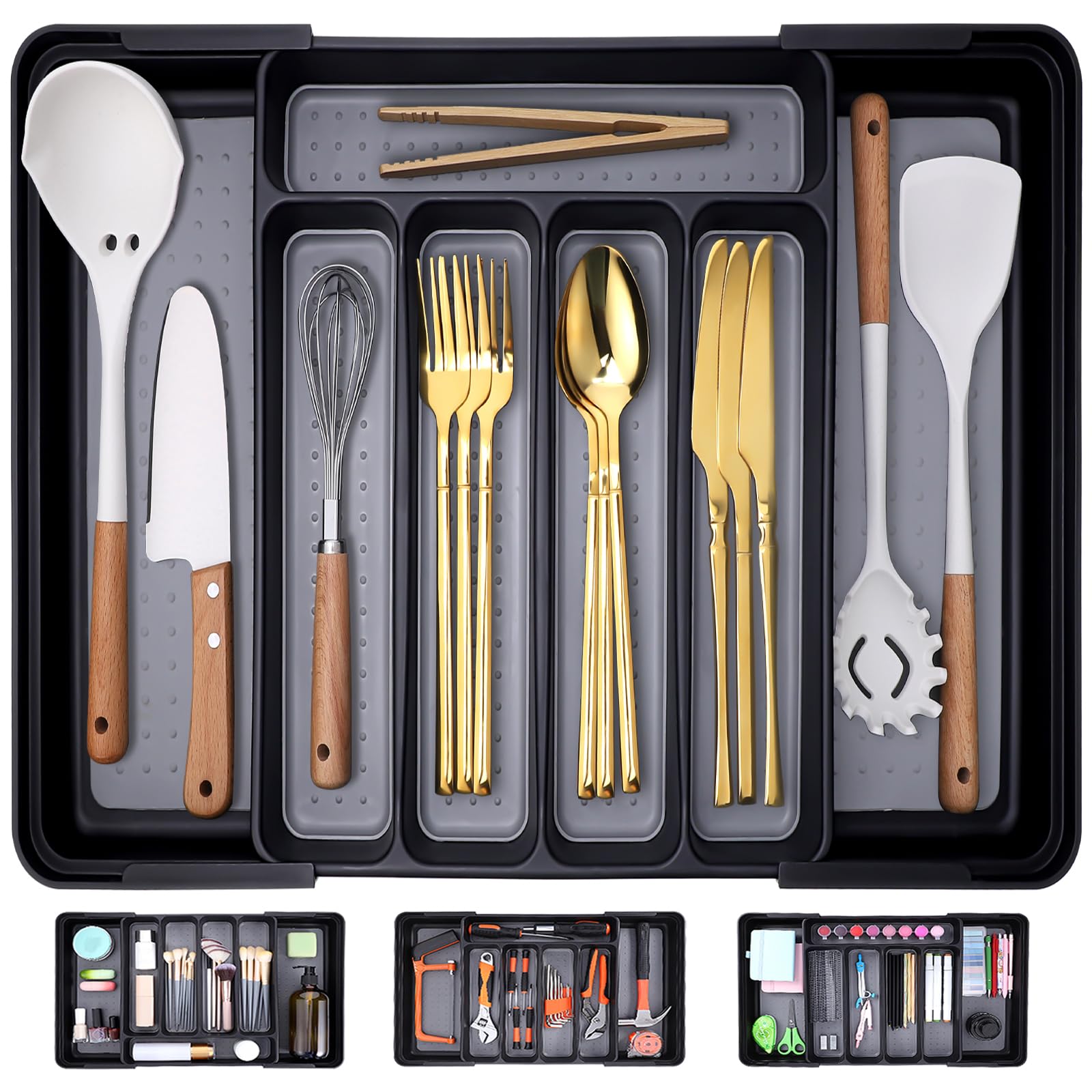 Silverware Drawer Organizer, Expandable Kitchen Utensil Tray - Adjustable Flatware Tray for Forks, Spoons, Knife - Large, Gray Black