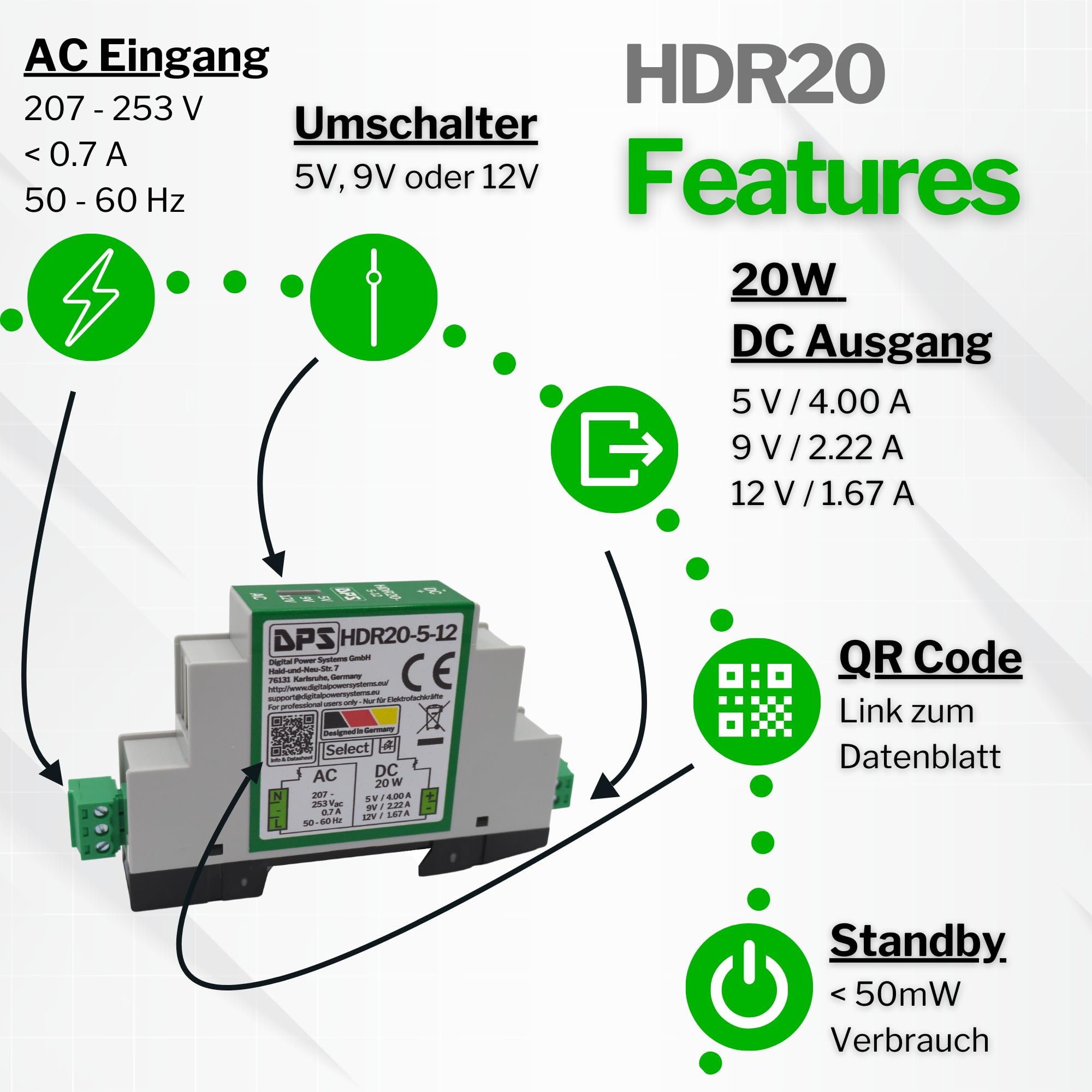 DPS – Hutschienen Netzteil 5V | 9V | 12V - 20W 230Vac Power Supply Trafo HDR20 Umschalter 5V | 9V | 12V AC NoElko Stromversorgung Industriequalität