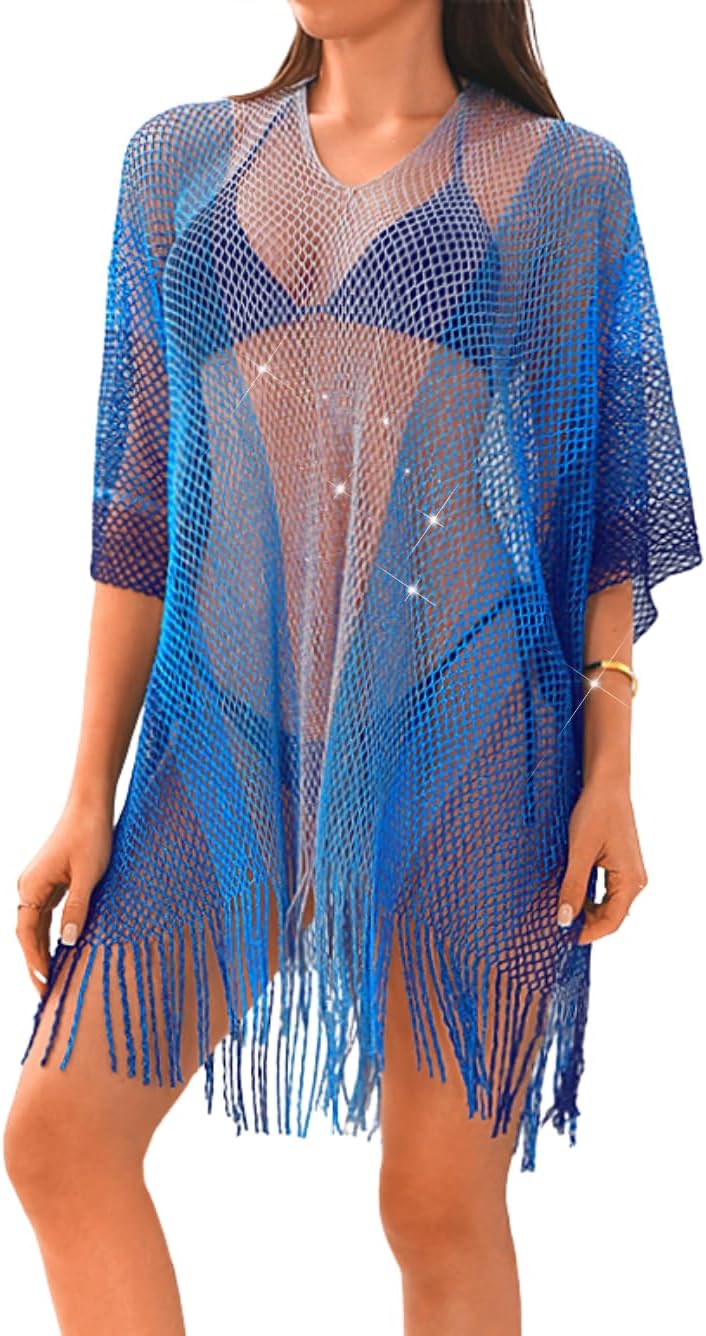 Kaei&Shi Sexy Sheer Gradient Swimsuit Coverup,Crochet Color Block Beach Dress,Fringe Bathing Suit Vacation Outfits for Women