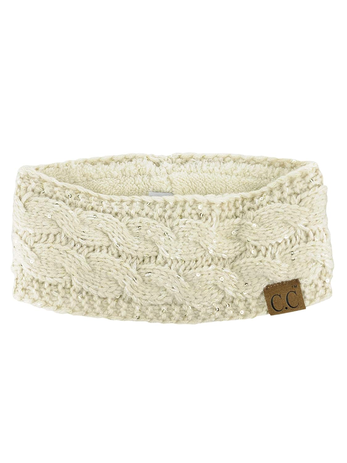 C.C Sparkly Sequin Winter Warm Cable Knit Fuzzy Lined Ear Warmer Headband, Beige