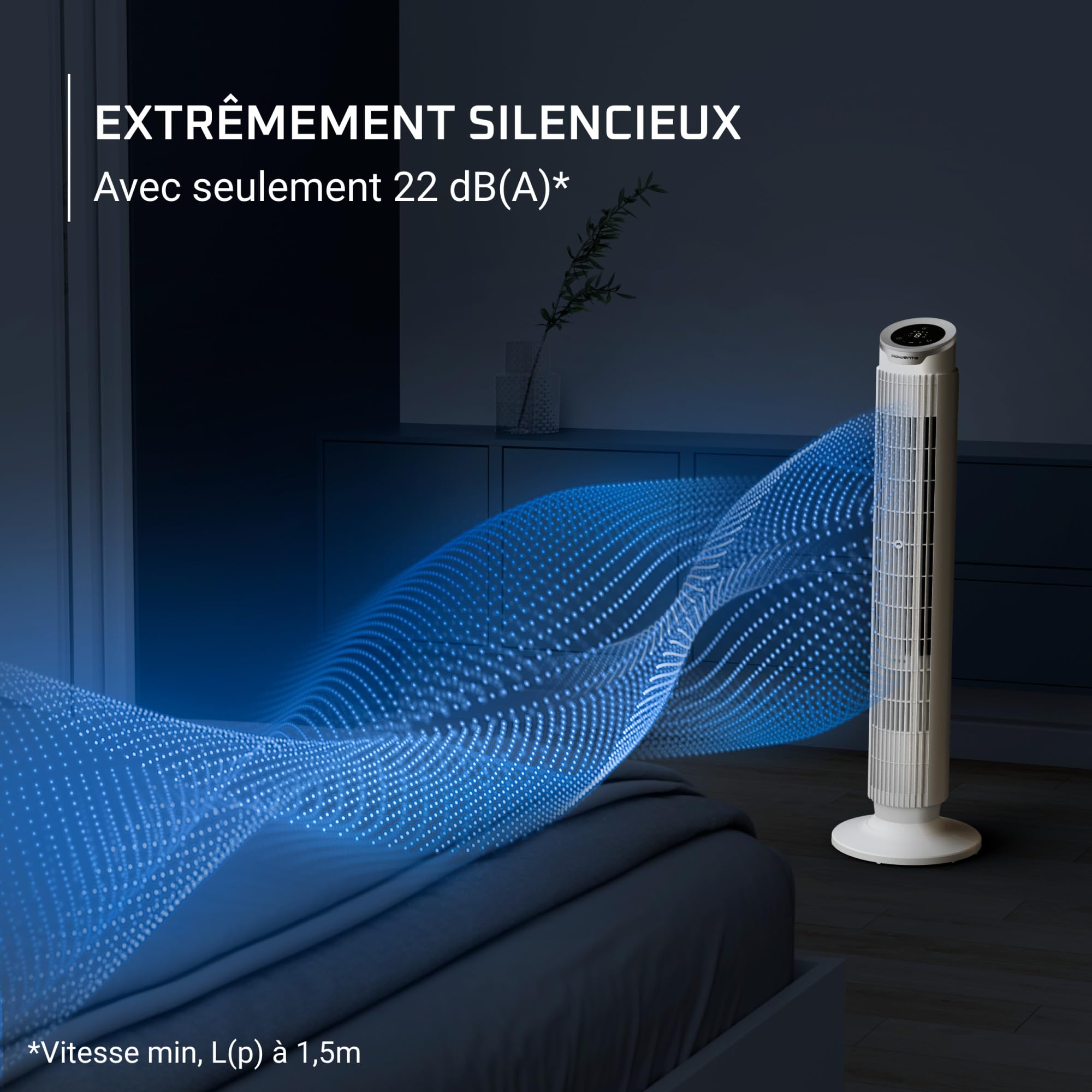 Rowenta Eole Silence Force Ventilateur Colonne, 1900 m³/h, Jusqu'à 10 m/s, Silencieux 22 dB(A), Moteur Effitech, 8 Vitesses, 4 Modes, Oscillation 90°, Télécommande, VU7025F0