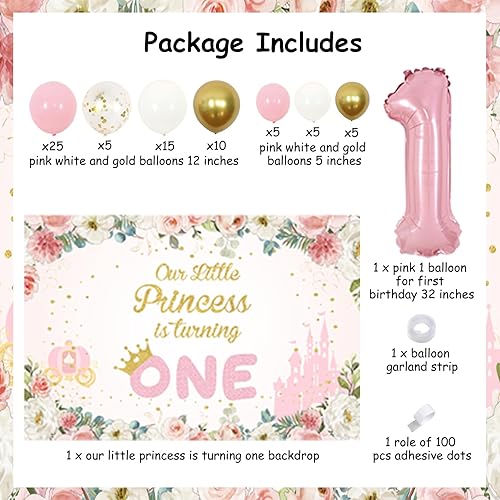 Miniatura 6 de Kit de arco de globos rosa, blanco y dorado, para el primer cumpleaños, Our Little Princess Is Turning One Backdrop para niña de un año