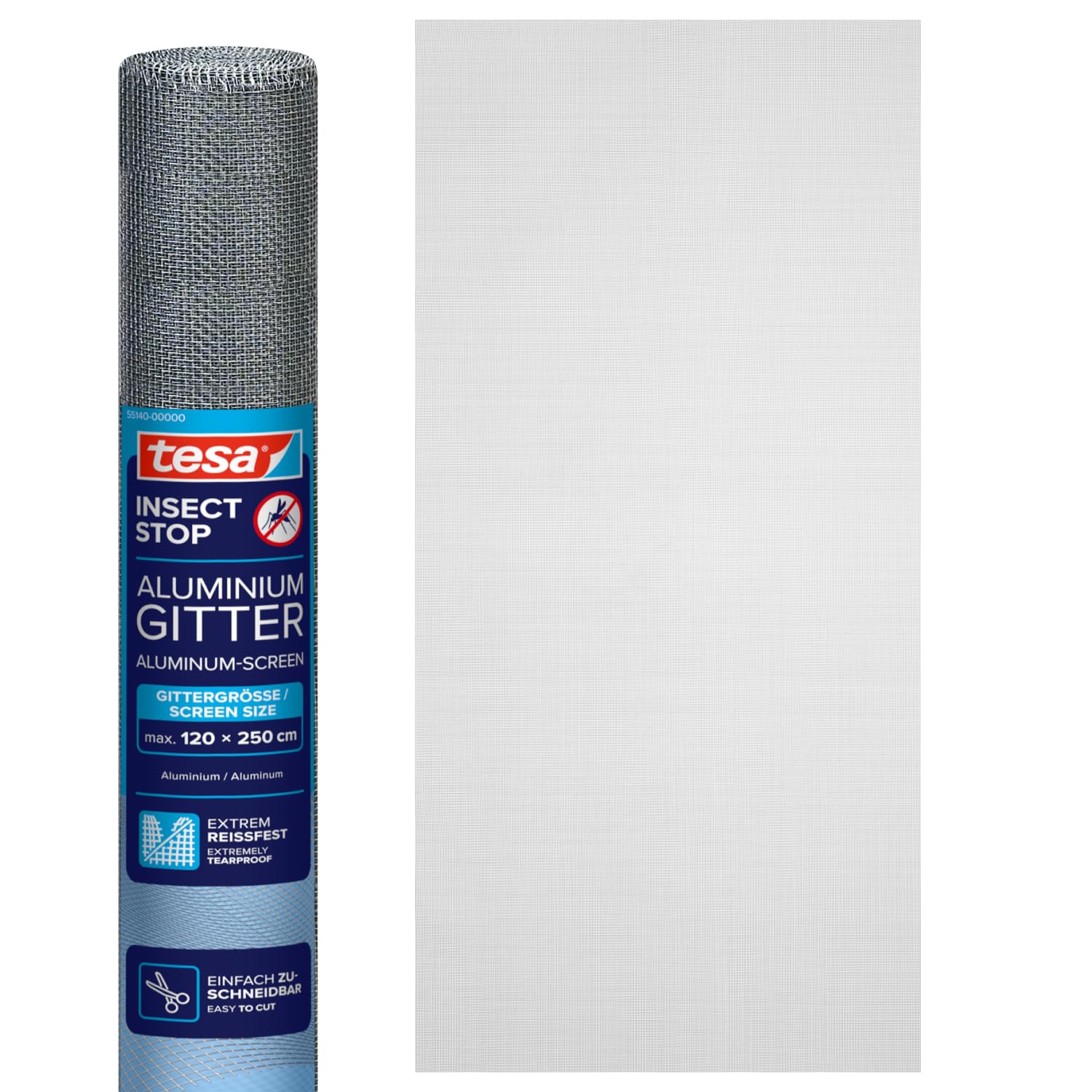tesa Insect Stop Rotolo di Ricarica per Zanzariera in Alluminio - Rete per zanzariere regolabile - Resistente ai raggi UV - Grigio - 120 cm x 250 cm