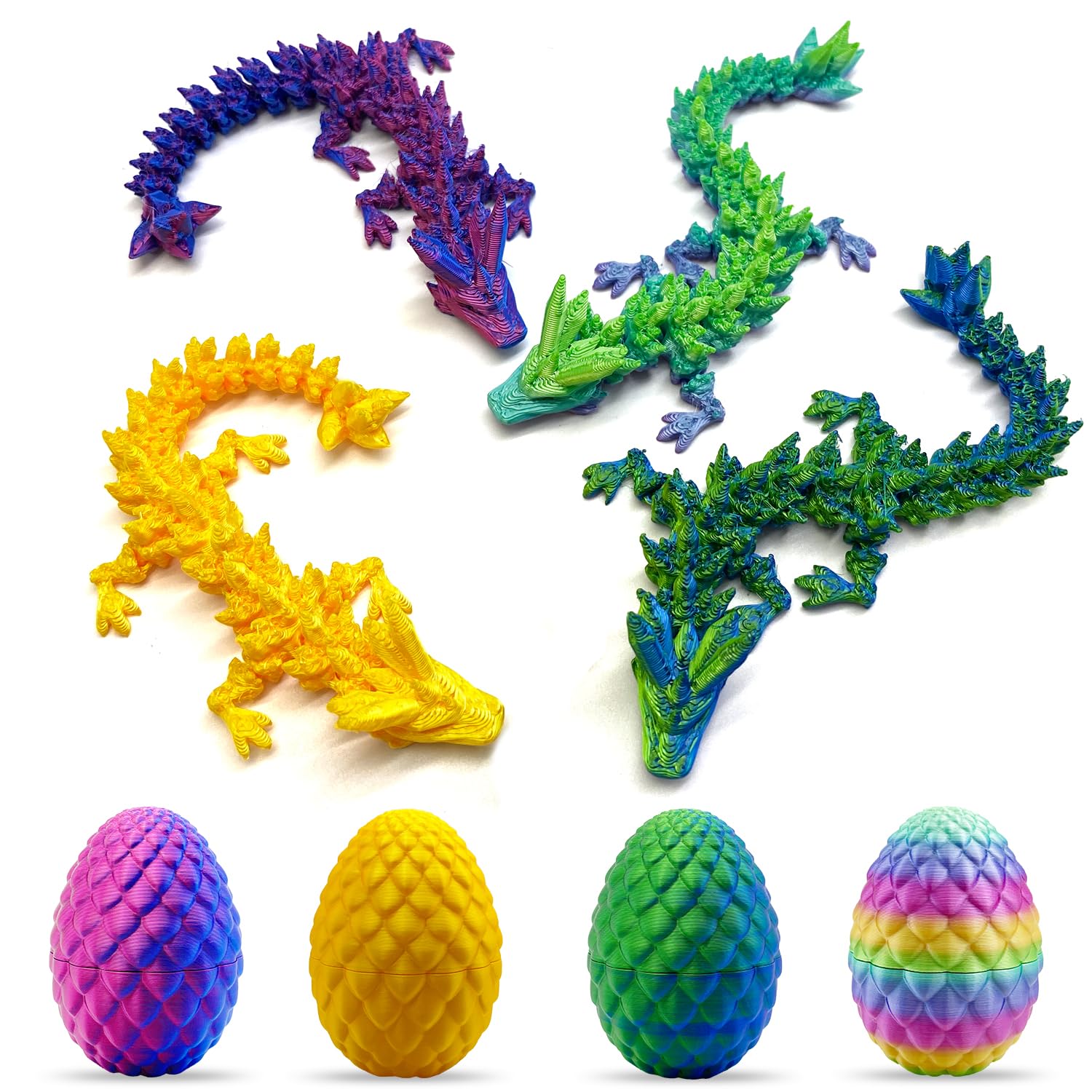Yeefunjoy 4Pcs 3D Printed Dragon in Egg, Articulated Crystal Dragon Flexible Joints Mystery Fidget Toy