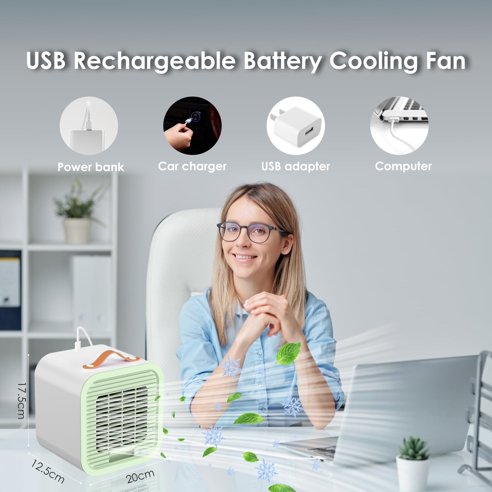 Mini Enfriador de Aire Portátil,Mini USB Ventilador con 3 Velocidades,Enfriador de Aire Portátil Silencioso,USB Recargable Aire Acondicionado Personal para Dormitorio Oficina Camping