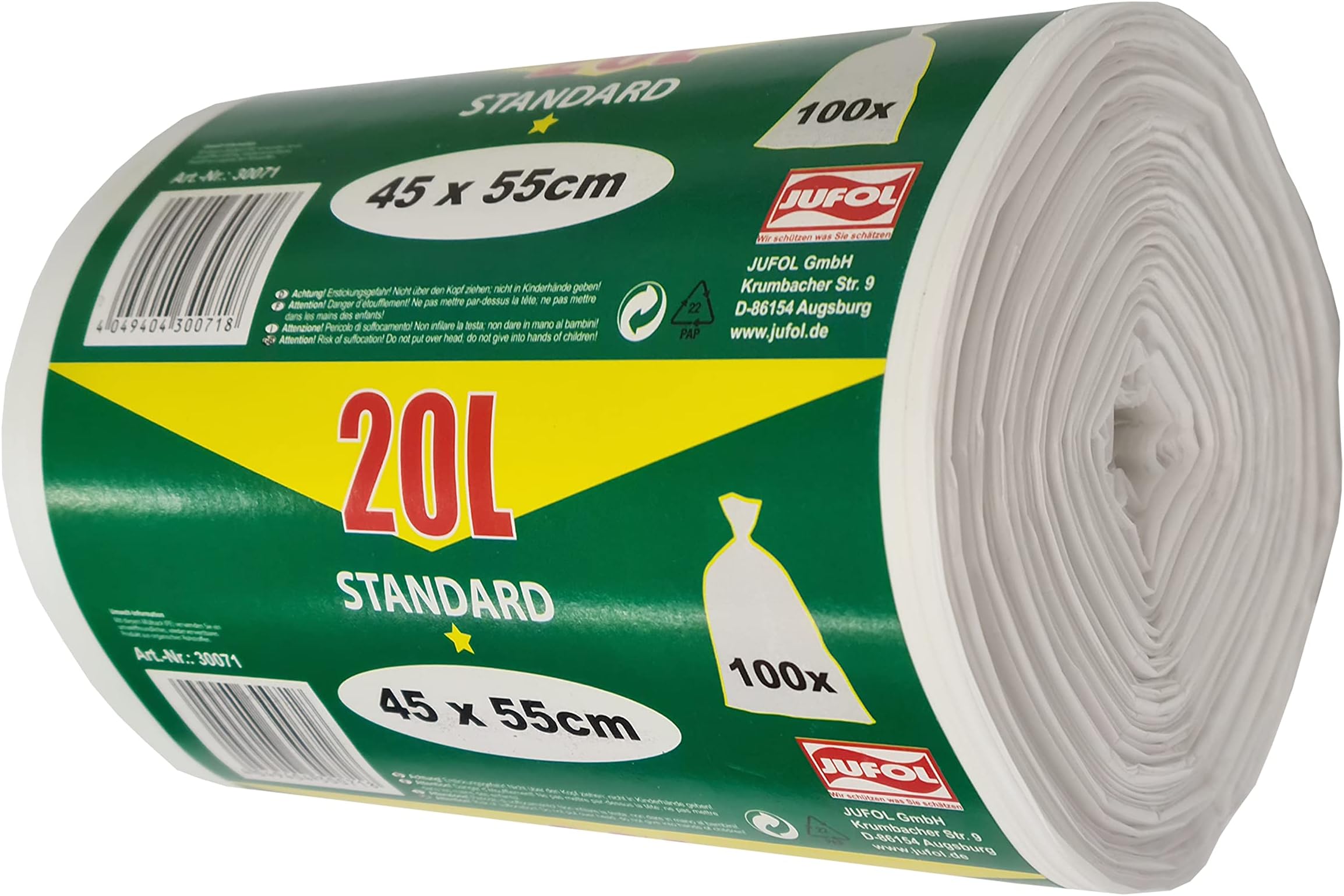 Jufol Bin Liners - 20L - 100 Bags on a roll - 450 x 550 mm 1 Item, 30071, 30071