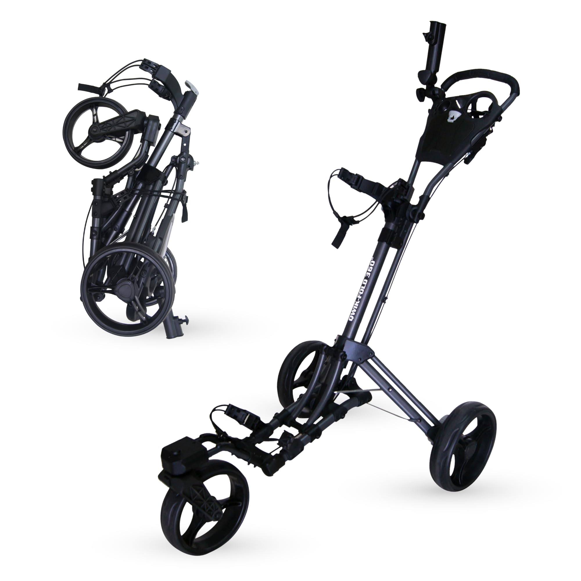 3-Wheel Golf Push Cart with 360° Swivel Front Wheel & Foot Brake – 1-Second Fold & Unfold Trolley, Lightweight Aluminum Frame, Umbrella Holder, Cup Holder & Storage Included