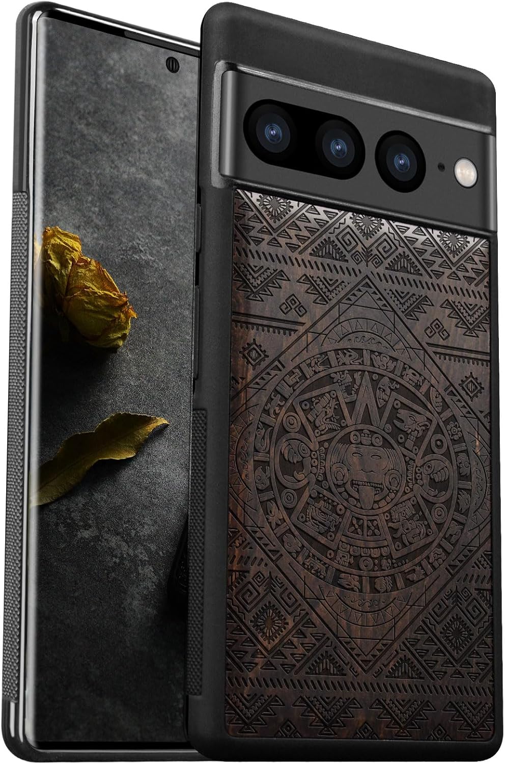 Carveit Wood Case for Pixel 7 Pro Case [Natural Wood & Black Soft TPU] Shockproof Protective Unique Wooden Cover Compatible with Google Pixel 7 Pro (Aztec Calendar-Blackwood)