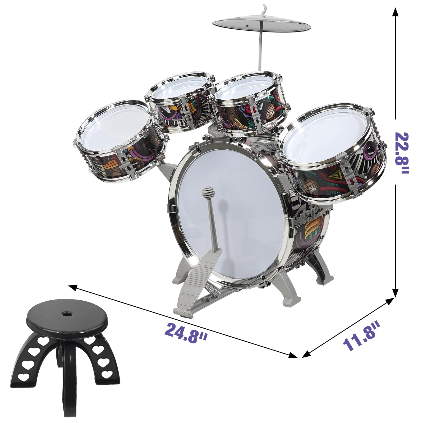 Raimy Kids Drum Set for Toddlers with 5 Piece High Drums, Mini Jazz