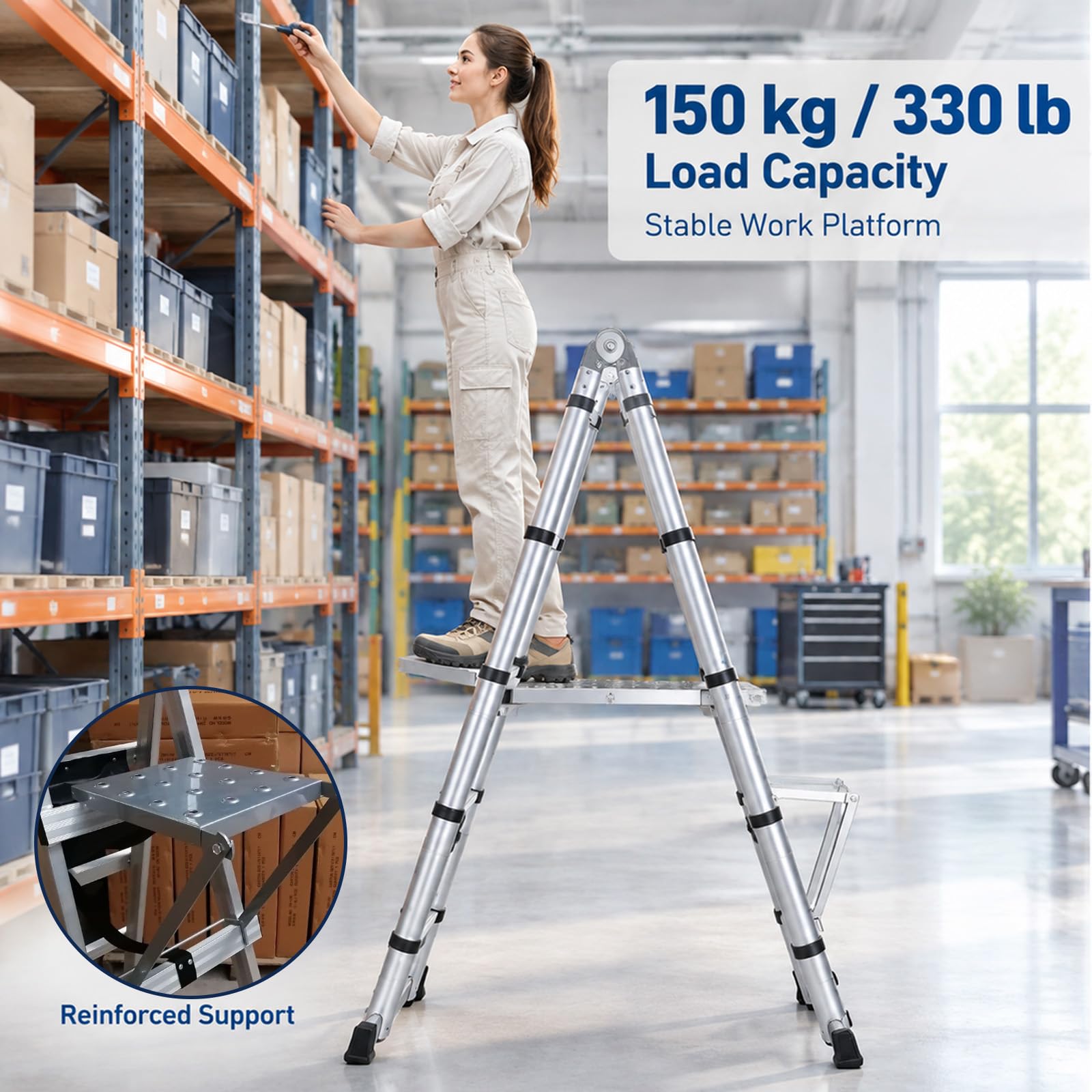 Piattaforma di lavoro sospesa, 150 kg, piattaforma di lavoro antiscivolo, piattaforma da appendere in acciaio zincato, scala accessorio per scale di appoggio, piattaforma, scala
