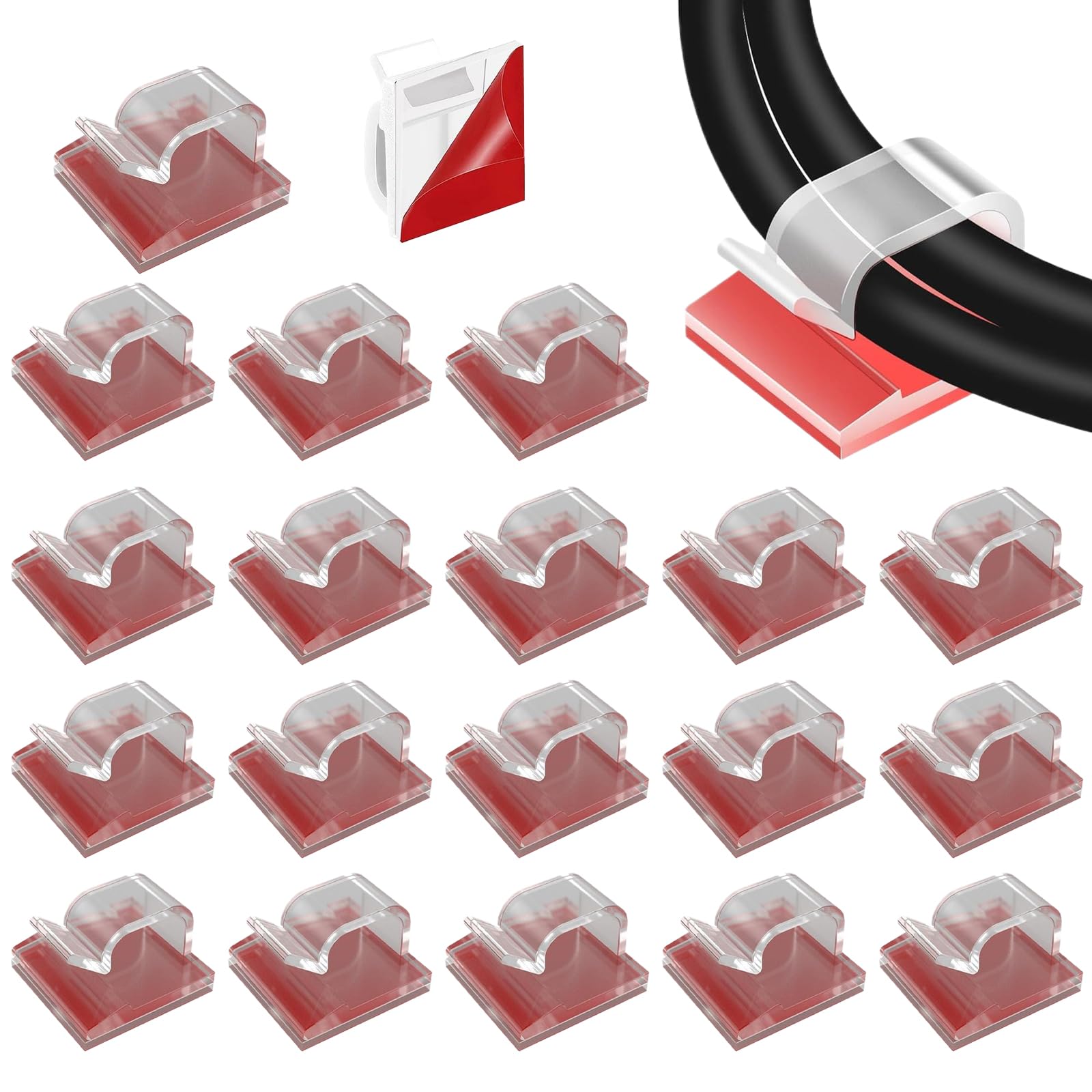 BLOOPIC ケーブルクリップ ケーブルスタンド テープ採用 コードクリップ 結束固定ベース 粘着シート付 ケーブル収納 コード管理 配線隠し テーブル収納 車用 配線 電線クリップ 取付簡単 ワイヤーフィクサー 強力な両面テープ (20個入り - 透明)