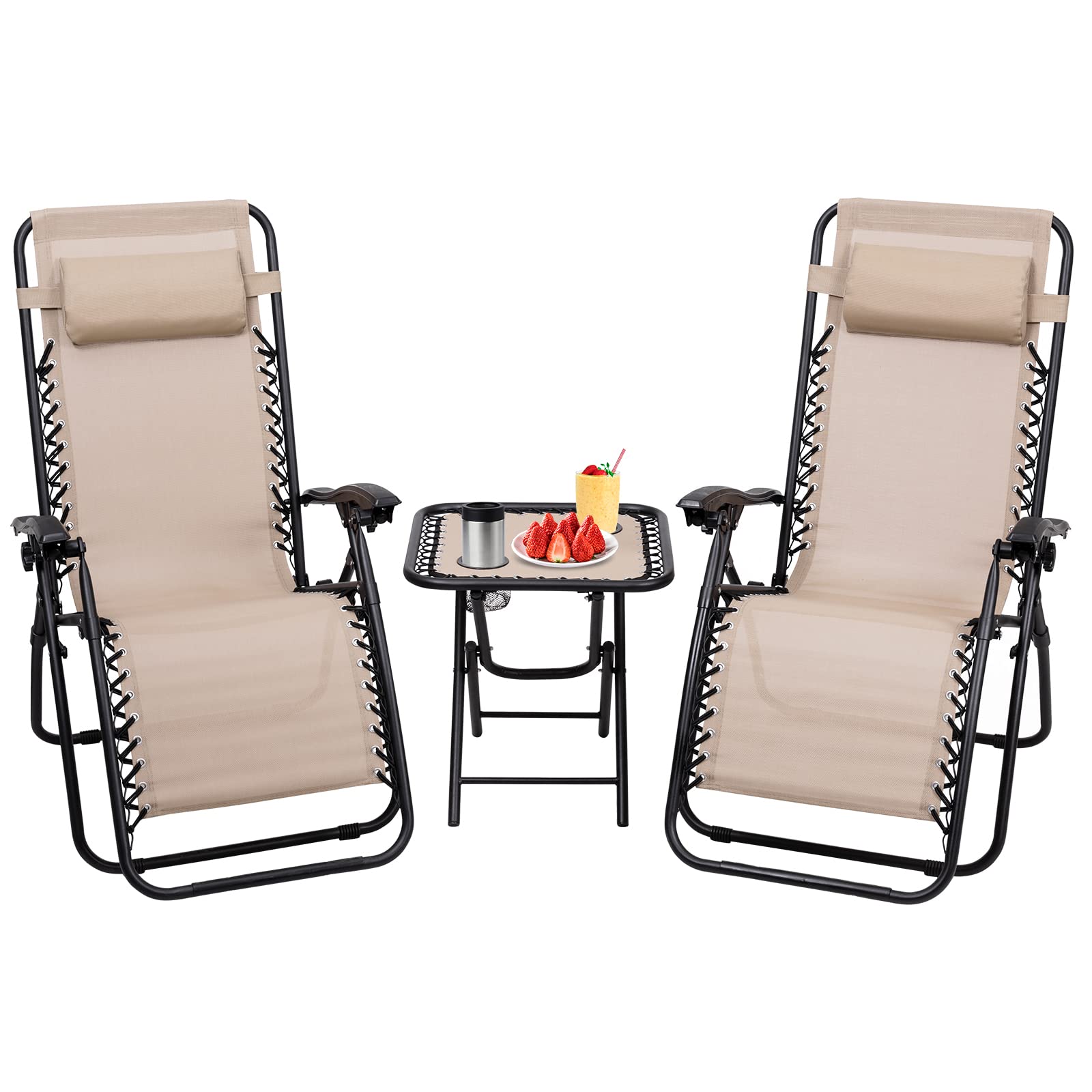 S AFSTAR Zero Gravity Chairs Set of 2, 3 PCS Folding Zero Gravity Lawn Chair Set with Side Table Cup Holders & Adjustable Headrest, Reclining Patio