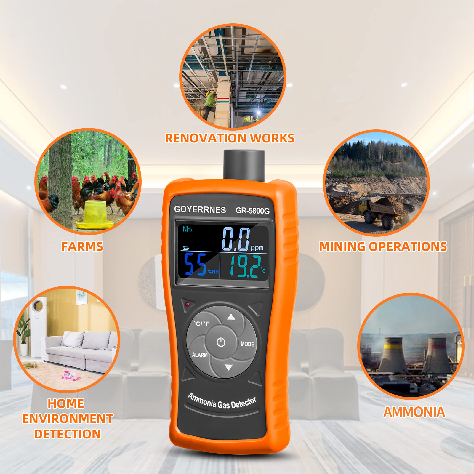 Rilevatore di gas ammoniaca GR-5800G Monitor della qualità dell'aria 0~100 PPM NH3 Monitor, per industria, casa, fabbrica, qualità del depuratore d'aria, allevamento, allevamenti di pollame