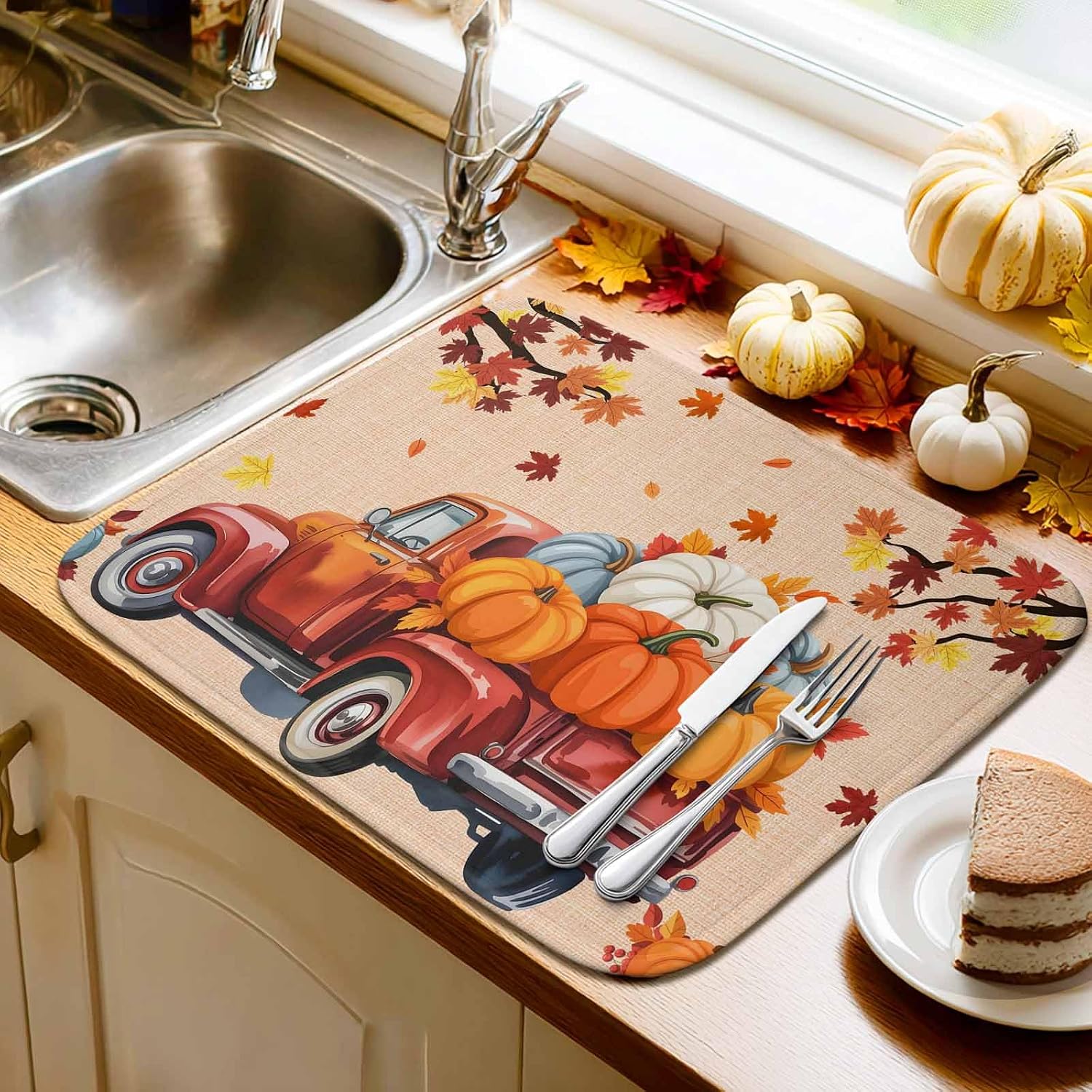 Fall Dish Drying Mat Orange Pumpkin Thanksgiving Drying Matt for Kitchen Counter Maple Leaf Truck Absorbent Microfiber Quick Dry Mats Autumn Dishes Drainer Fall Decoration 18x24 inch