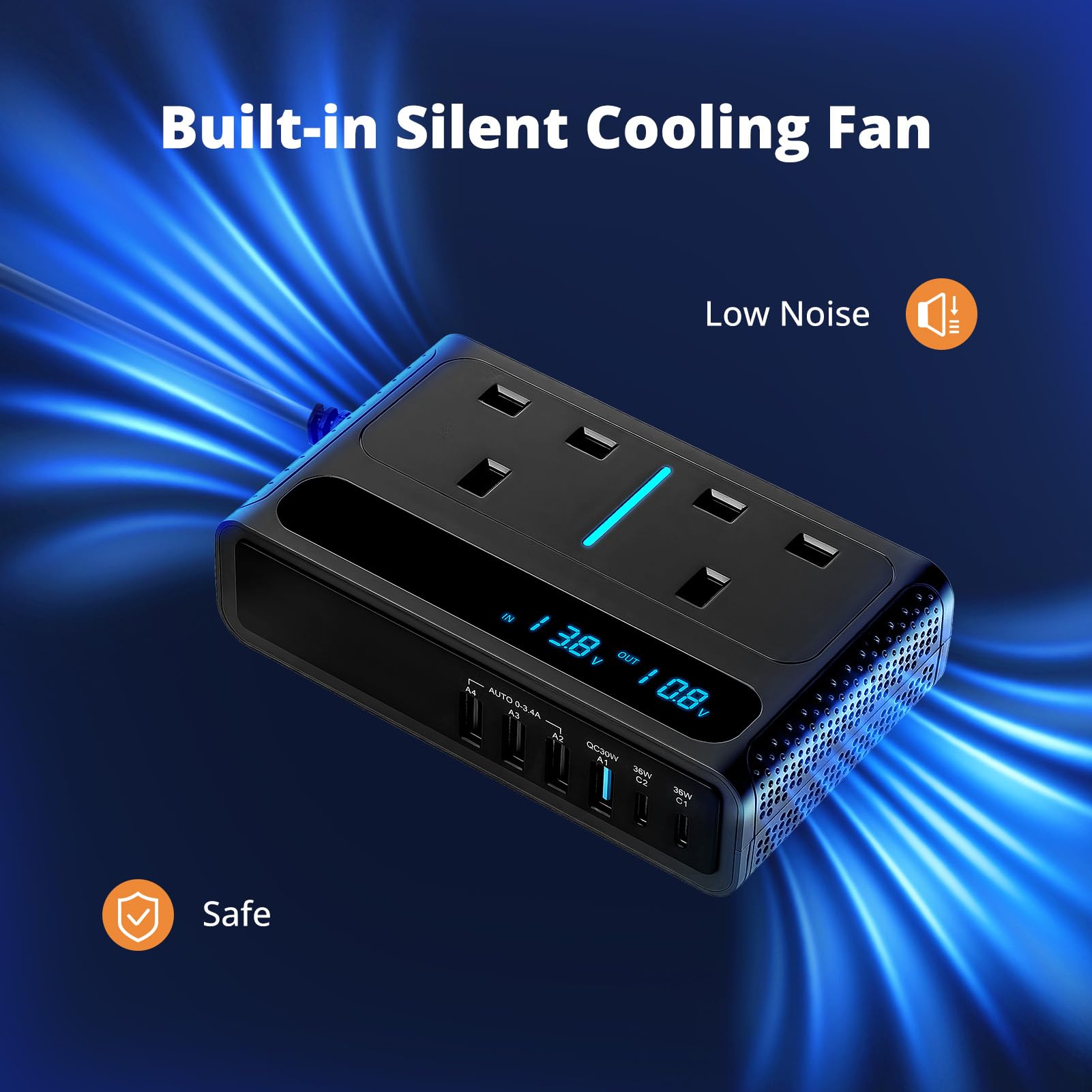 8 in 1 200W Car Power Inverter with 2 Sockets, 4 USB Ports and 2 Type-C Ports,Car Charger Adapter Convert 12V to 240V 230V AC Auto Power Inverter for Camping Van Caravan — view 4