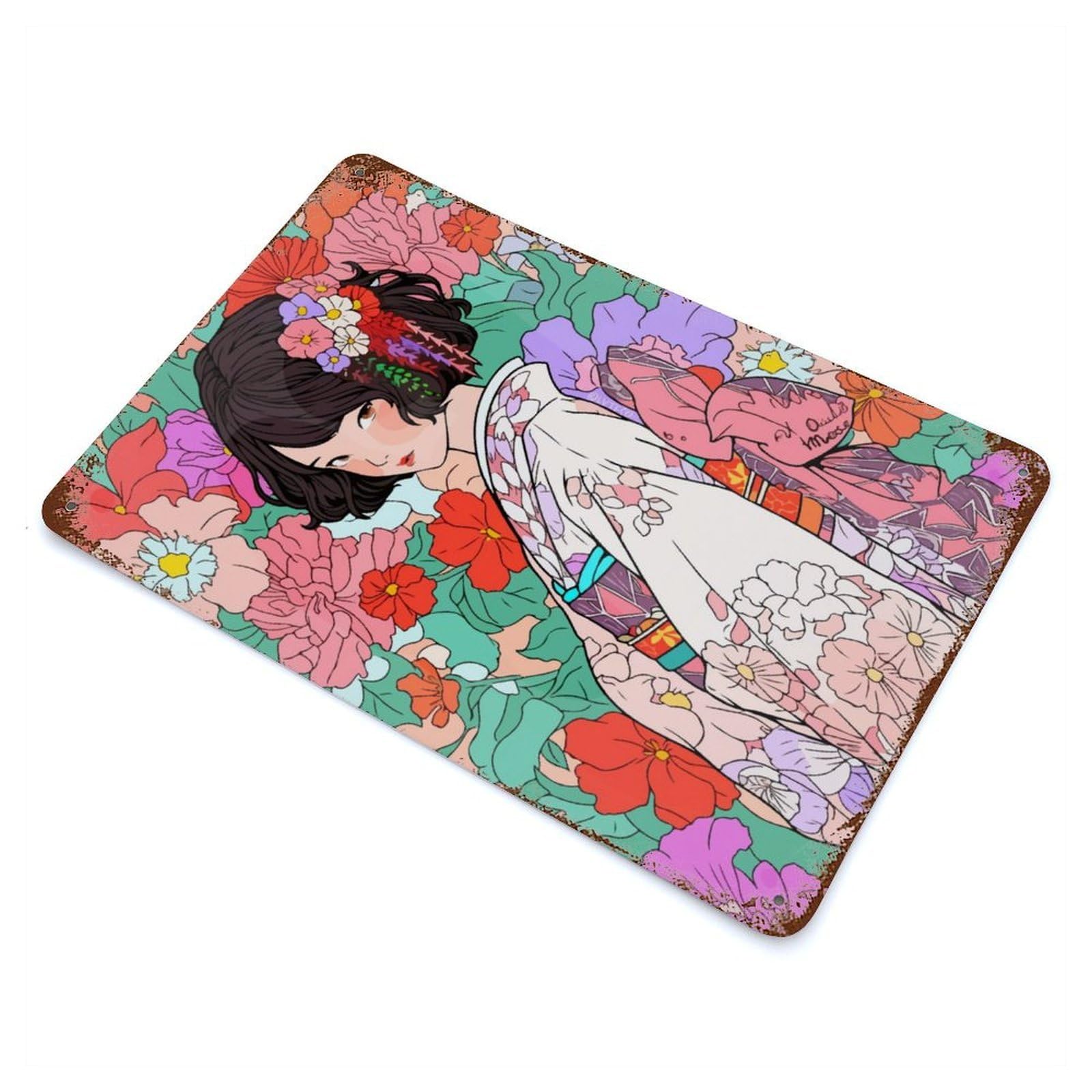 Kimono Anime Girl Zen Art Vintage Rust Metal Sign 11.8"x7.9", Classic Wall Plaque for Basement, Hobby Room And Garage Decor