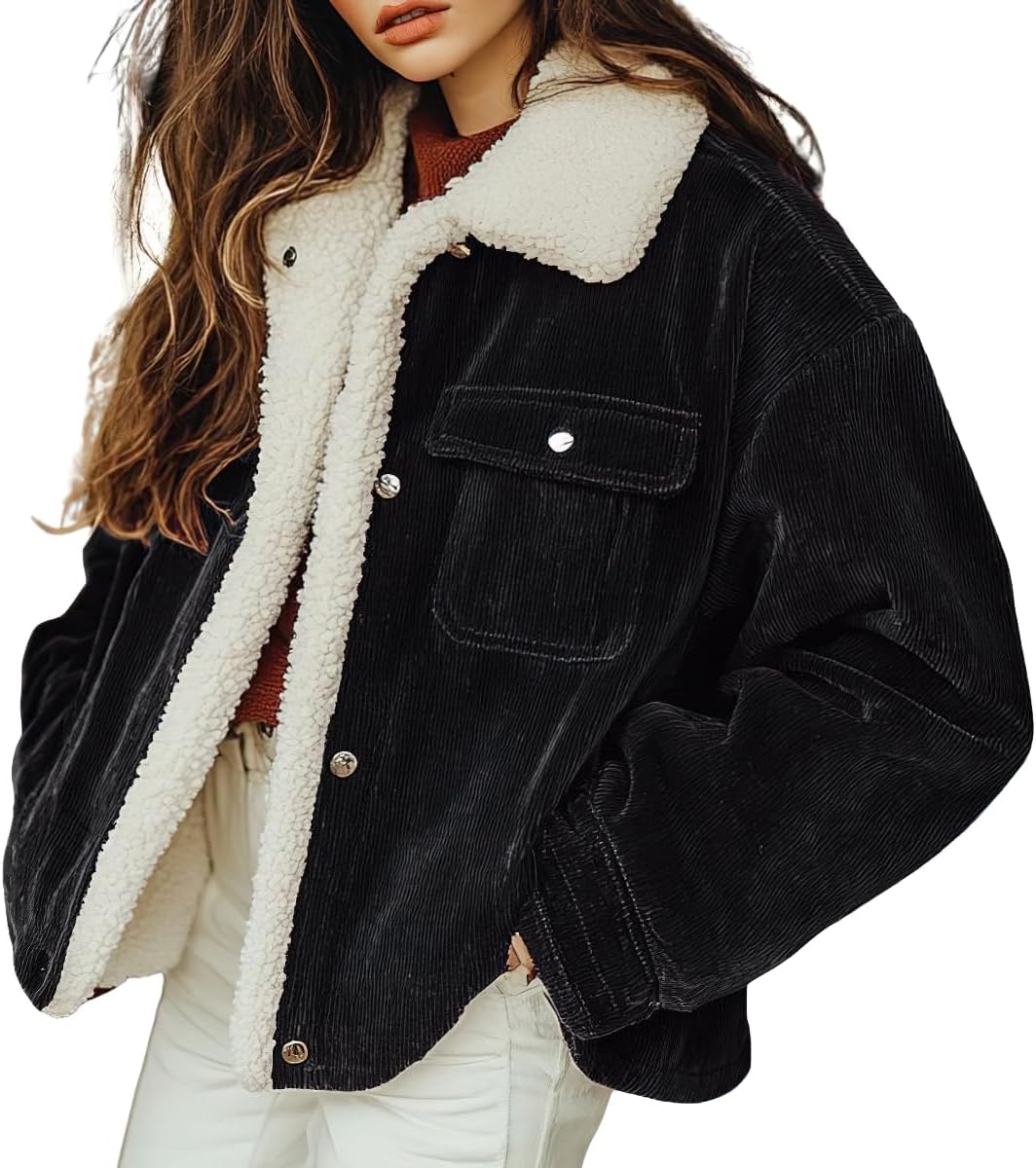 chouyatou Women's Winter Sherpa Fleece Lined Corduroy Coat Button Down Warm Faux Fur Jacket Outerwear