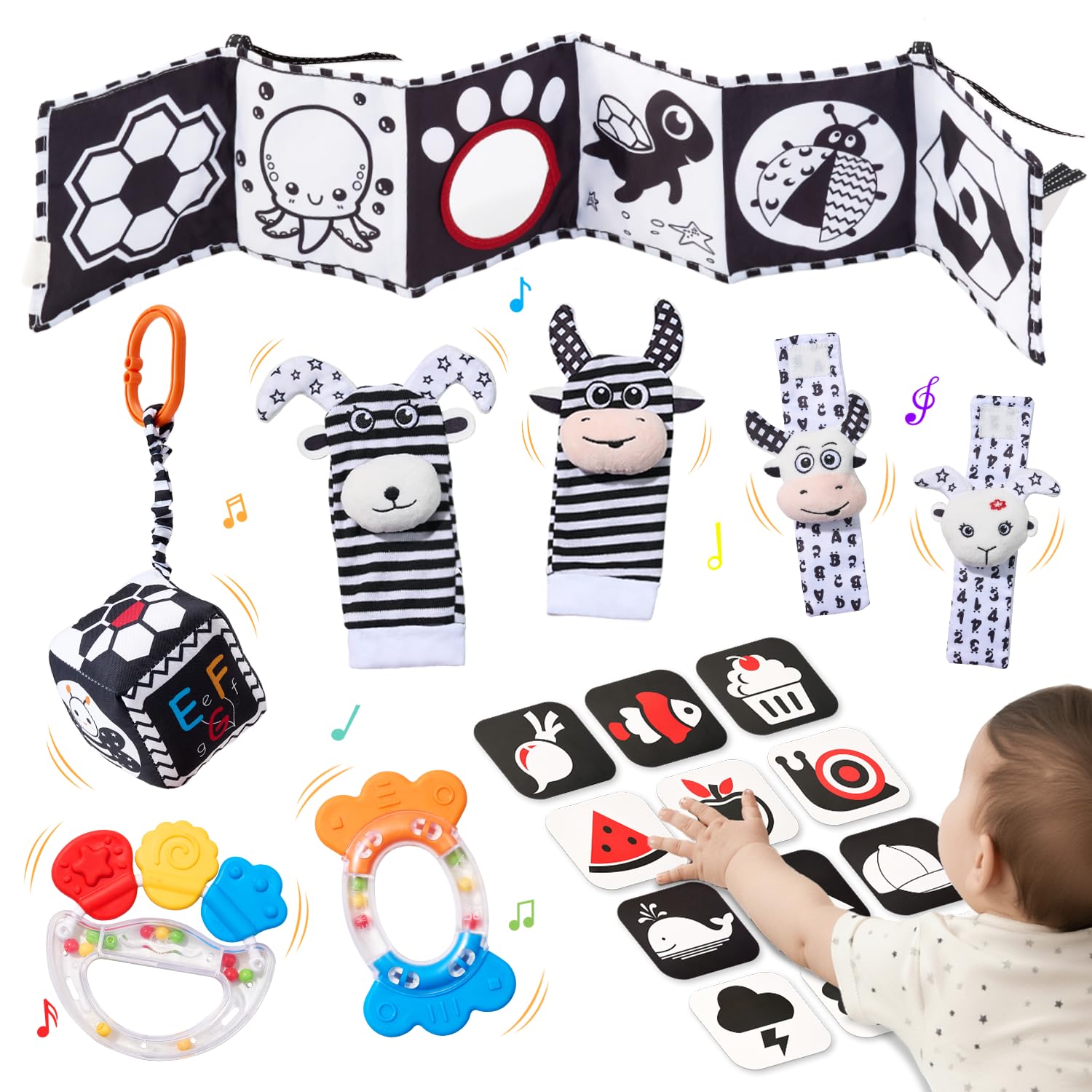 JoyCat Baby Toys 0 3 6 Months, 6 in 1 Sensory Toys with Black and White Cards, Cloth Book, Rattles, Teether, Tummy Time Stimulation Baby 0-6 Months Gift Newborn Child