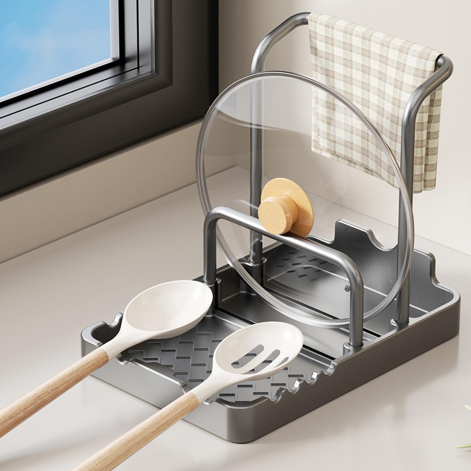 YLTTZHSpoon Rest with Pot Lid Holder while Cooking,Pot Cover Rack,Cookware Pan Spatula Rack Stand Lid Holder for Stovetop,Lids for Pots and Pans,Kitchen Utensils Cabinet Storage Racks Organizers