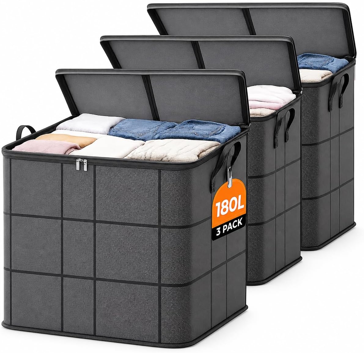 New 3-Pack 180L XXL Moving Storage Bags, Foldable Zippered Fabric Storage Bins with Reinforced Handles for Clothes, Bedding, Blankets, Comforters, Closet Organization and Moving, 3, 180L