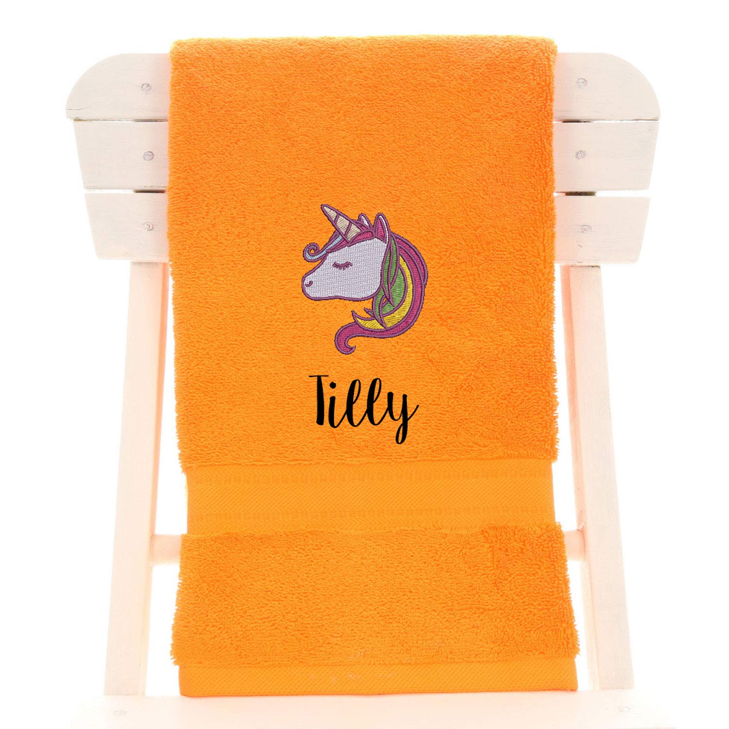 aztex Personalised Children's 100% Cotton Bath Towel with Unicorn Logo & Name, 550gsm, 70cm x 130cm - Orange