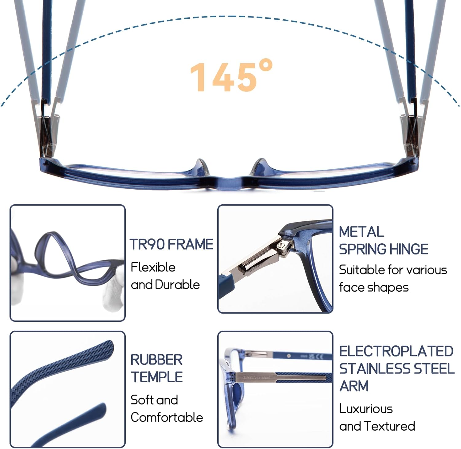 Progressive Multifocus Reading Glasses Men Flexible TR90 Frame Readers Stainless Steel Arm Rubber Temple Spring Hinge Blue 2.75 - Image 3