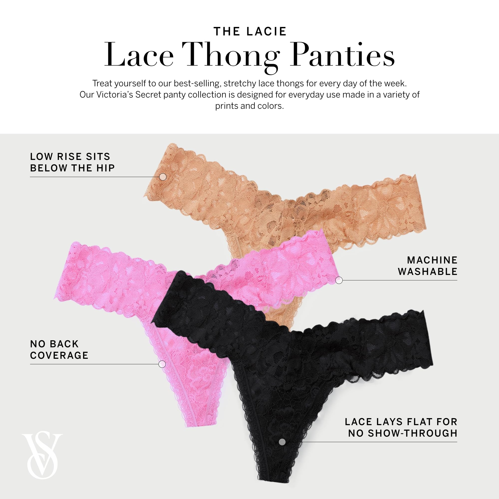 Victoria's Secret Perizoma da donna in pizzo, mutandine da donna, confezione multipla, Strass per festival, Small