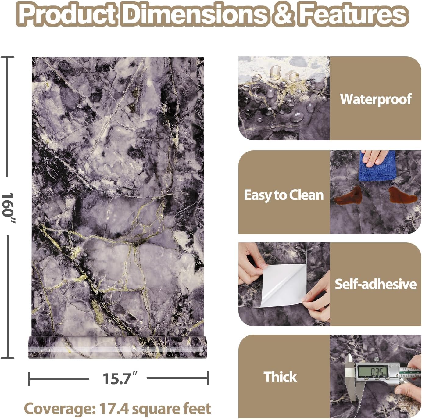Glossy Purple Gold Marble Contact Paper Peel and Stick Countetops Waterproof Marble Wallpaper for Bathroom Desk Dresser Wall 15.7"x160" Self Adhesive Purple Wallpaper Kitchen Removable Vinyl