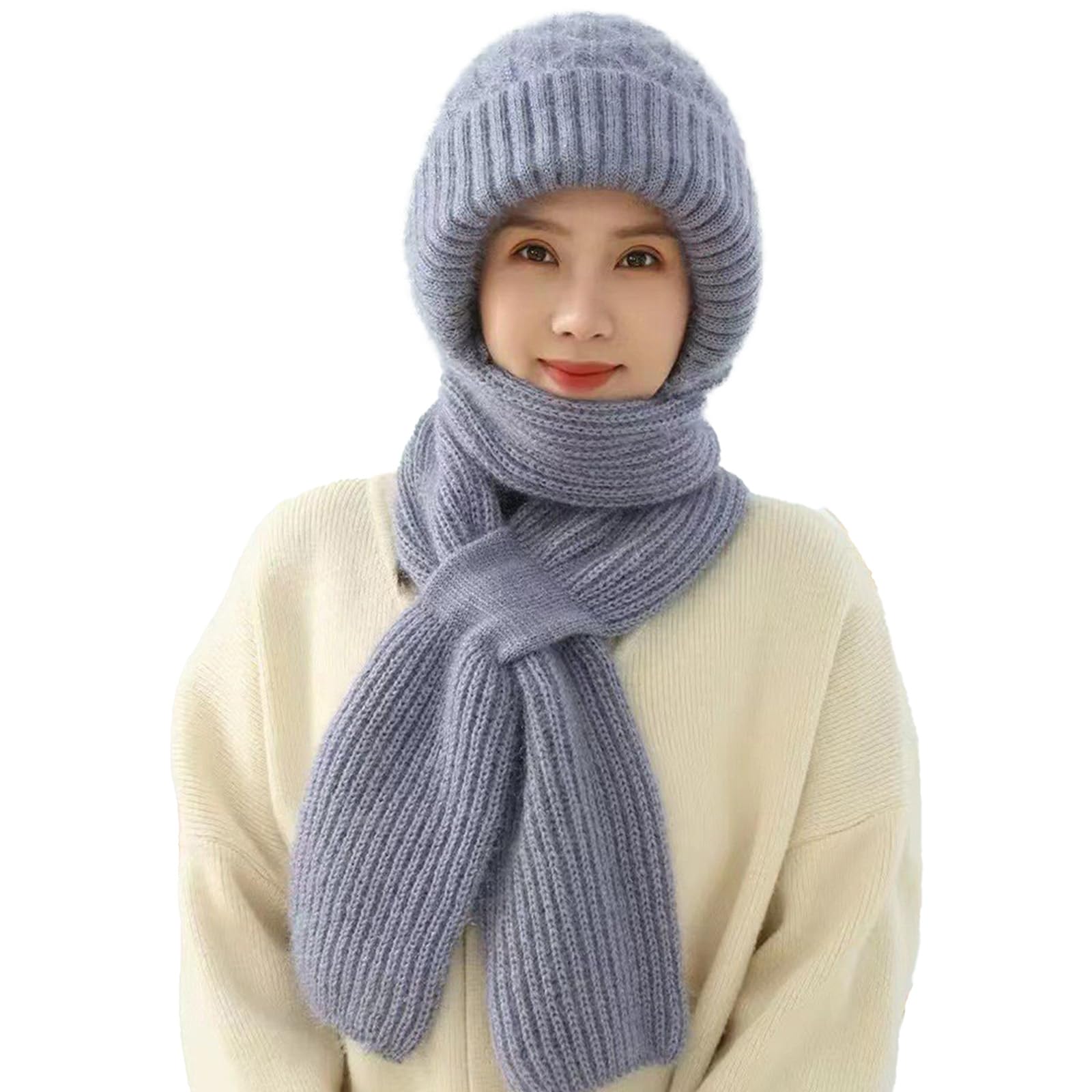 Yaepoip Winter Versatile Knitted Hooded Scarf for Women, Hat Scarf All-in-one Warm Windproof Winter Hats (Gray)
