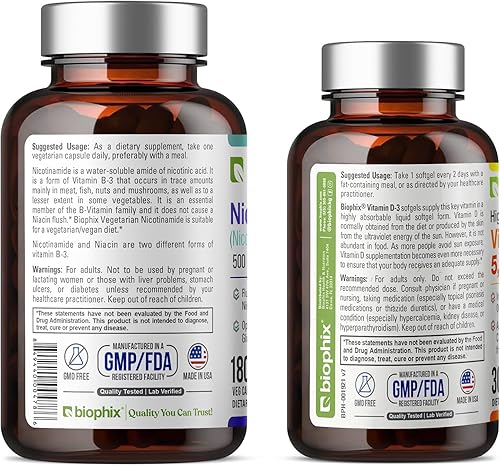 Miniatura 9 de biophix B-3 Nicotinamida 500 mg 180 Vcaps Plus Free Vitamina D-3 5000 UI 30 cápsulas blandas - Fórmula de vitamina natural sin enrojecimiento de