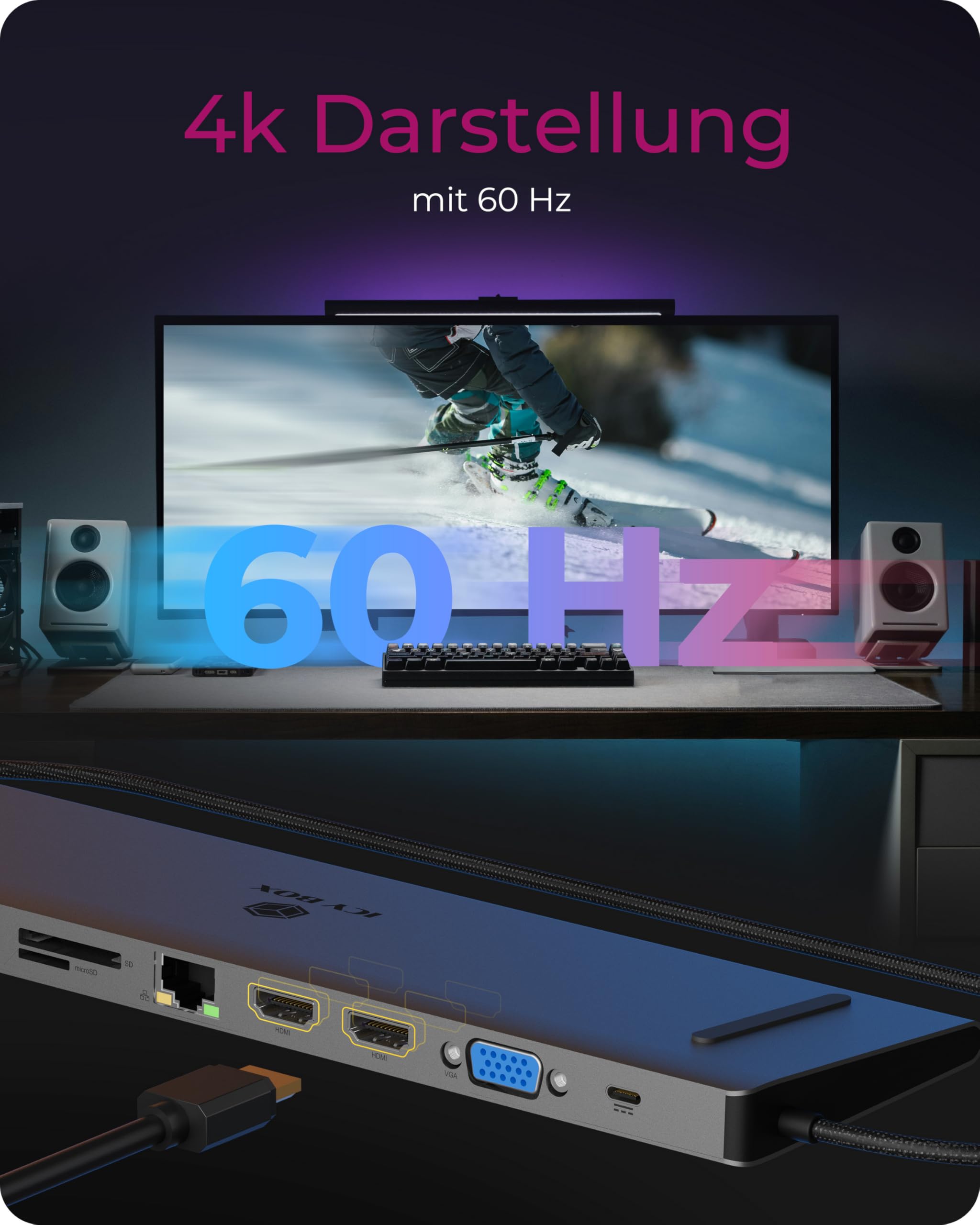ICY BOX Docking station USB-C con 3 uscite video, Power Delivery fino a 100 W, 2 HDMI, VGA, 3 USB 3.0, lettore di schede SD/microSD, Gigabit LAN, alloggiamento in alluminio