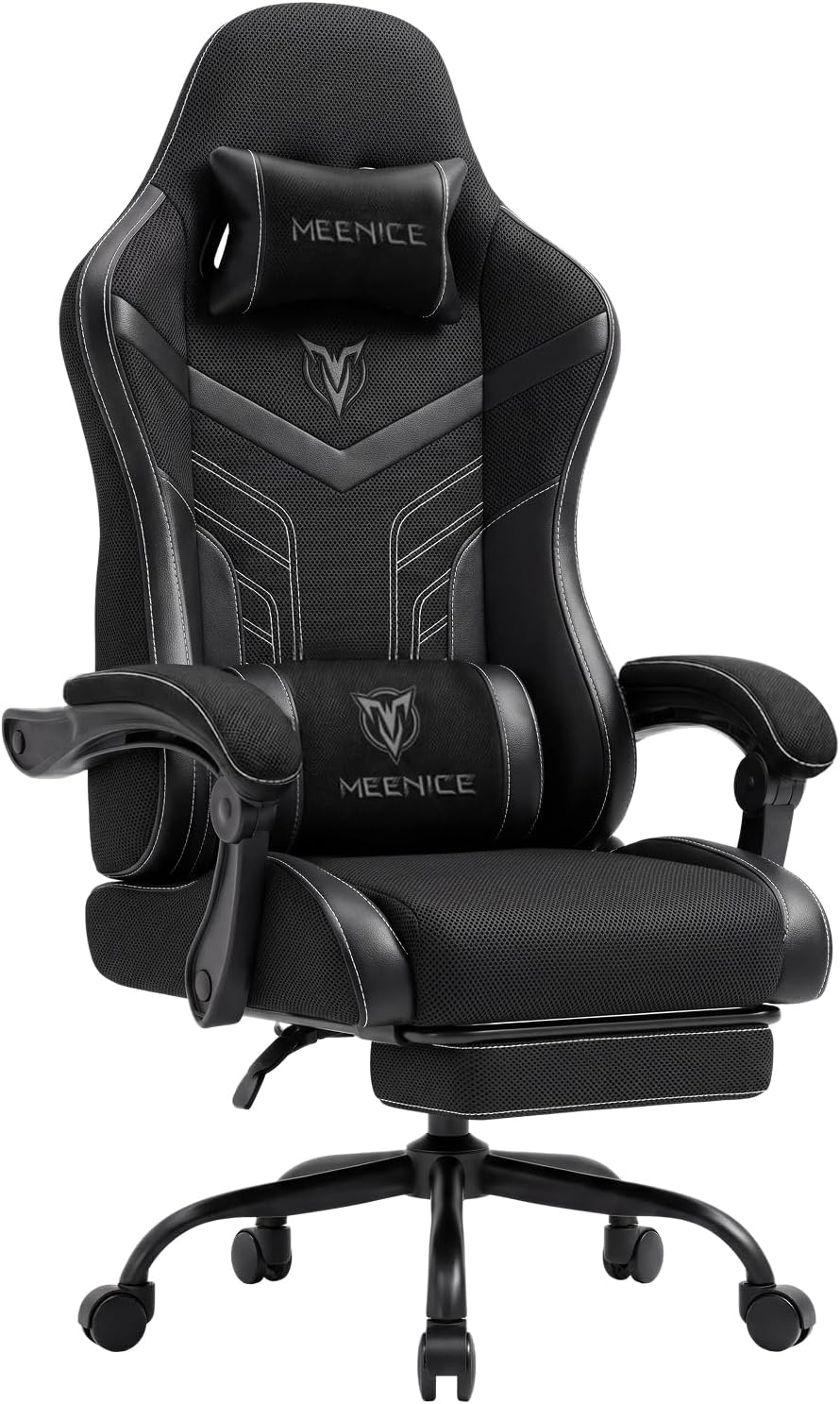 Ergonomic Gaming Chair with Footrest for Adults, Leather Mesh Black