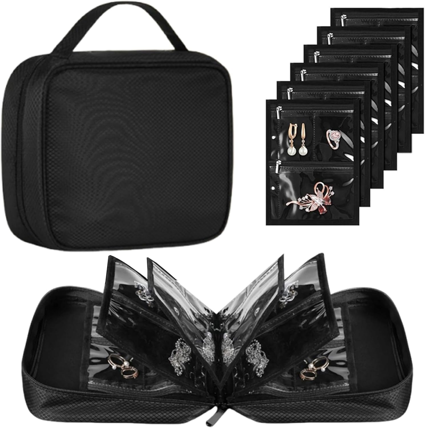 Travel Jewelry Organizer Case, Jewelry Storage Bag for Women with 6 Transparent Portable Clear Zipper Velvet Pouches for Necklaces, Rings, Earrings, Bracelets (Black)