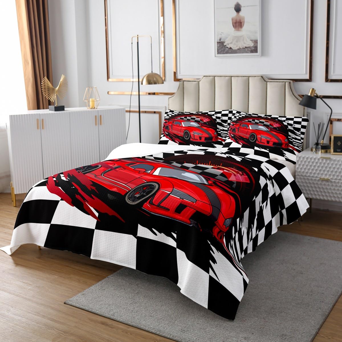 Erosebridal Red Sports Car Quilt Set Queen Size, Boys Race Car Bedspread Set for Teens Girls Adult Extreme Speed Race Car Coverlet Set Black and White Grids Print Car Theme Bed Set Bedroom Decor