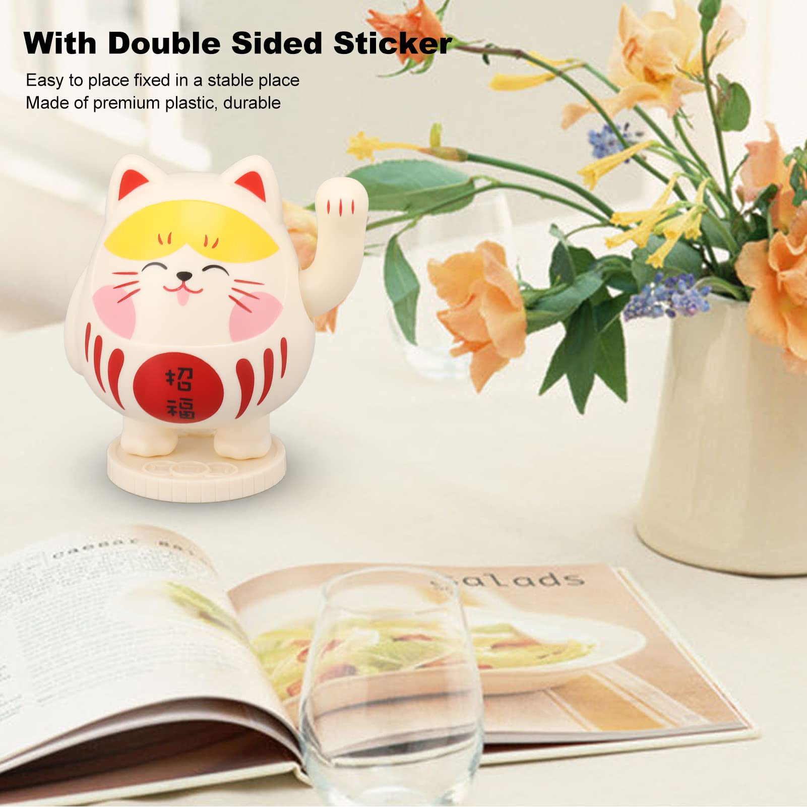Jeffergarden Lucky Cat Waving Lucky Cat Energy Saving Wealth Greeting Cute Chinese Waving Cat Figurine Plastic Home Restaurant (Yellowish Pink) - Image 3