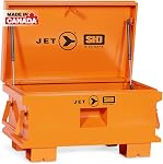 JET Jobsite Storage Box - Super Heavy Duty Steel Tool Box, Welded Piano Hinge, Cord Pass-Through for Charging, Gas Springs, Recessed Lock Housing - Hi Vis Orange