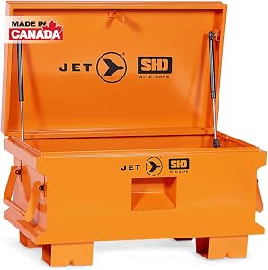 JET Jobsite Storage Box - Super Heavy Duty Steel Tool Box, Welded Piano Hinge, Cord Pass-Through for Charging, Gas Springs, Recessed Lock Housing - Hi Vis Orange