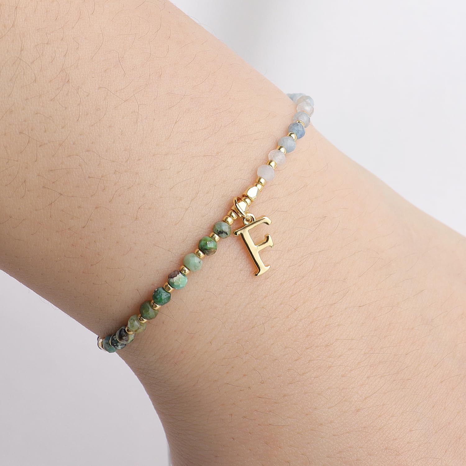 Gold Beaded Natural Stone Initial Bracelets for Women, Boho Handmade Grey Black Personalized Turquoise Gemstone Beads Letter Name Adjustable Bracelet Bohemian Jewelry Gift - Image 2