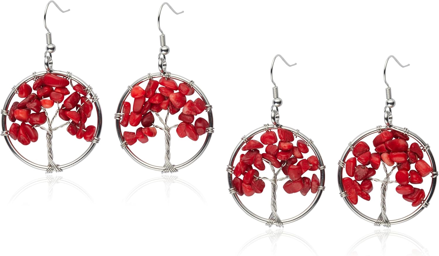 Red Coral and Silver Hoop Earrings for Women Dangling - Genuine - Natural Stone Chip - Rustic - Tree of Life - Large Hoops - Dangle - Family Tree - Handmade Jewelry - Unique Gifts for Women - Anniversary - Valentine's Day - Graduation - Teacher Appreciation Gift - Back to School