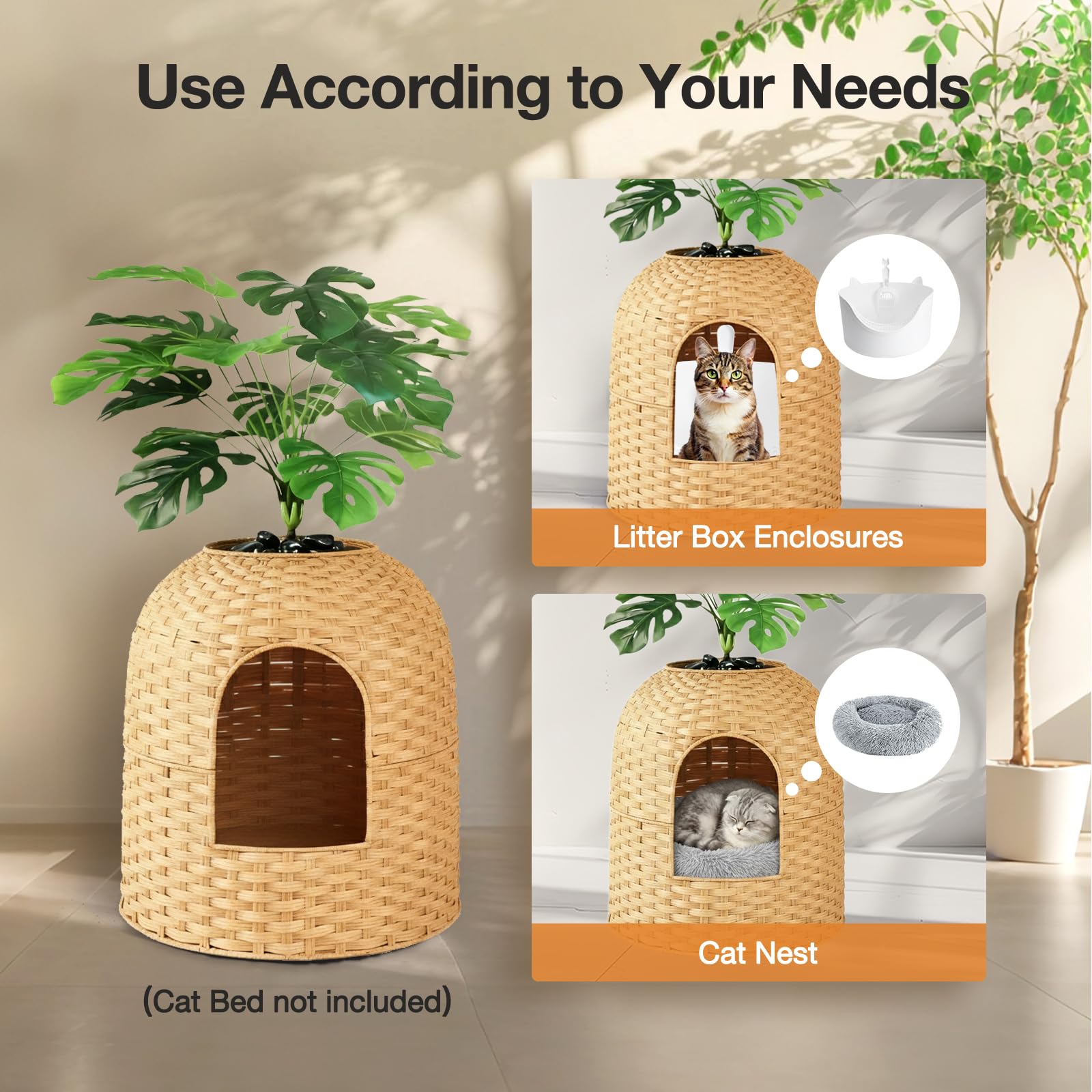Katzentoilette Versteckte Katzenklo Blumentopf mit Pflanze & Schaufel, Handgeflochtenes Rattan Katzentoilette mit Geruchskontrolle & Kohlefilter (Natur, Gewölbte Tür)