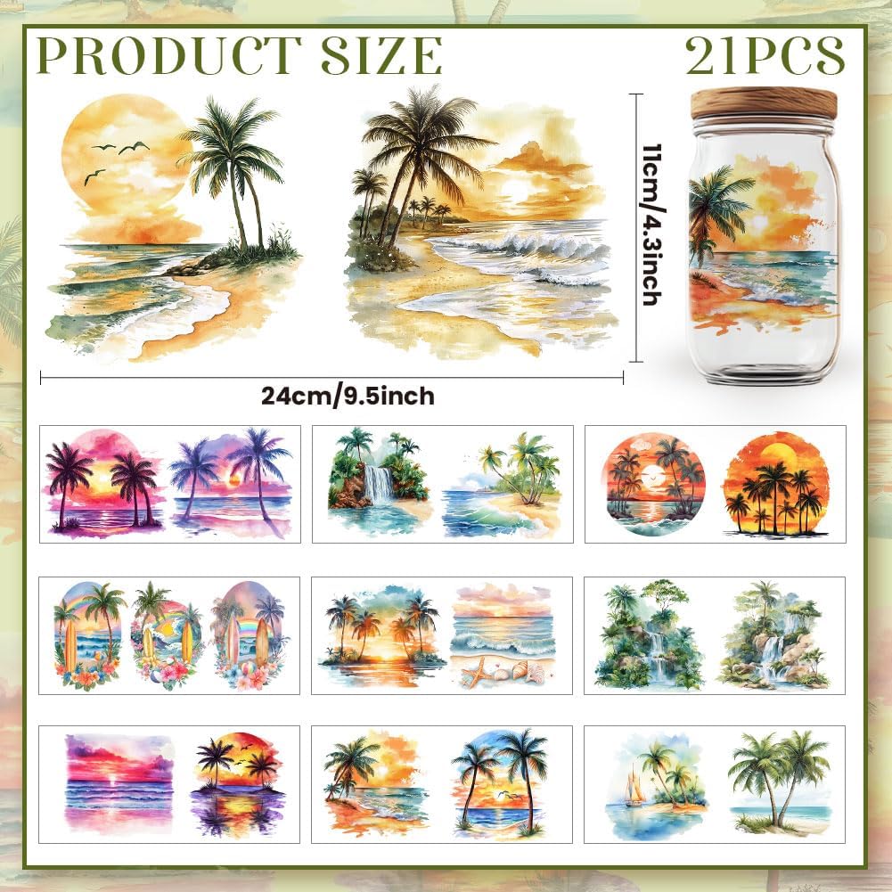 21 Pcs Palm Beach UV DTF Cup Wraps for 16OZ Glass, 4.3 x 9.4 Inch Beach Sunset UV DTF Transfer Stickers Waterproof Rub on Transfer Decals for Glass Bottle Vase Furniture Crafts
