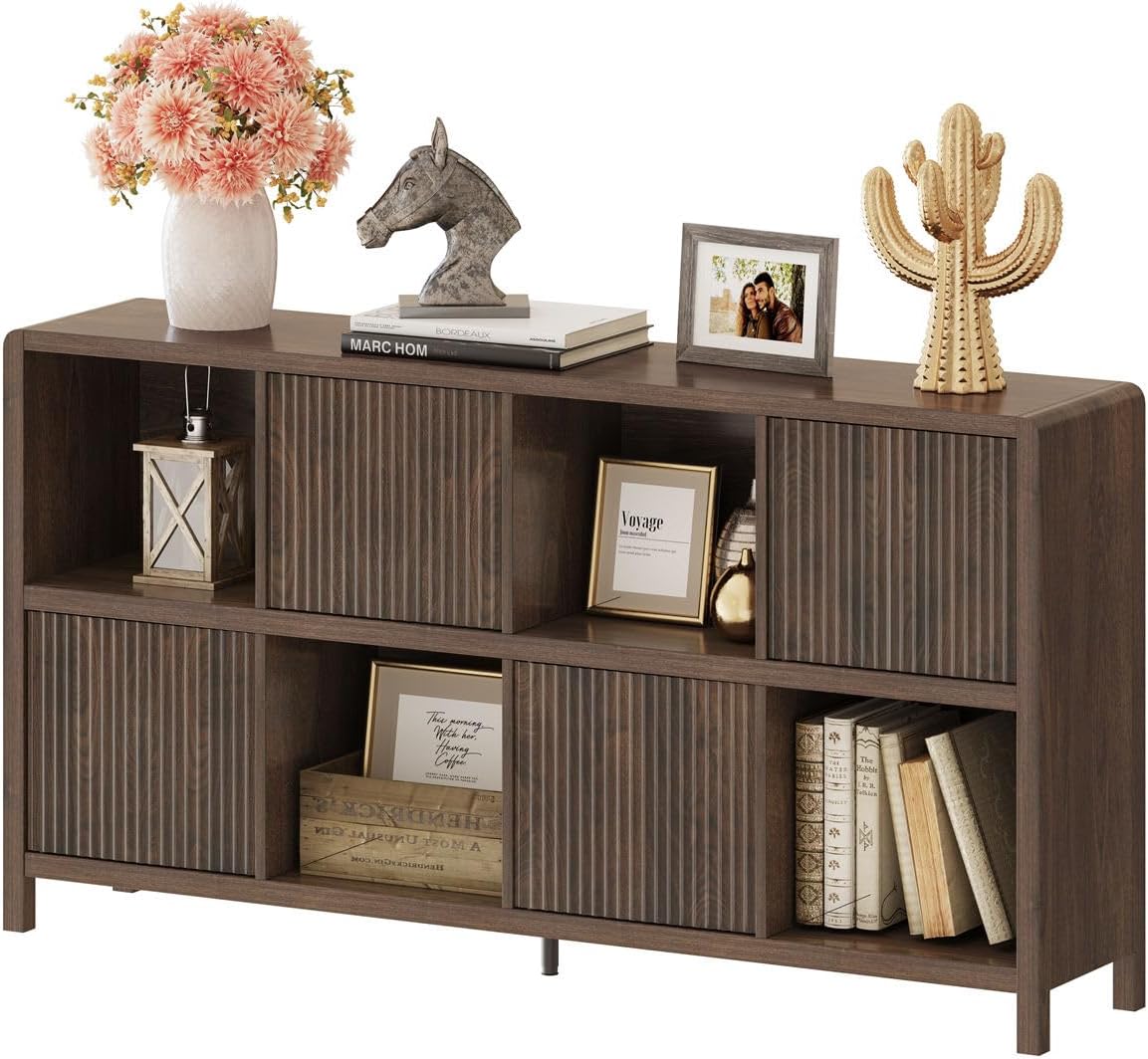 FATORRI 8 Cube Storage Organizer Bookshelf with Storage, Horizontal Bookcase with 4 Doors, Long Wooden Book Shelf for Living Room, Home Office (Dark Walnut)