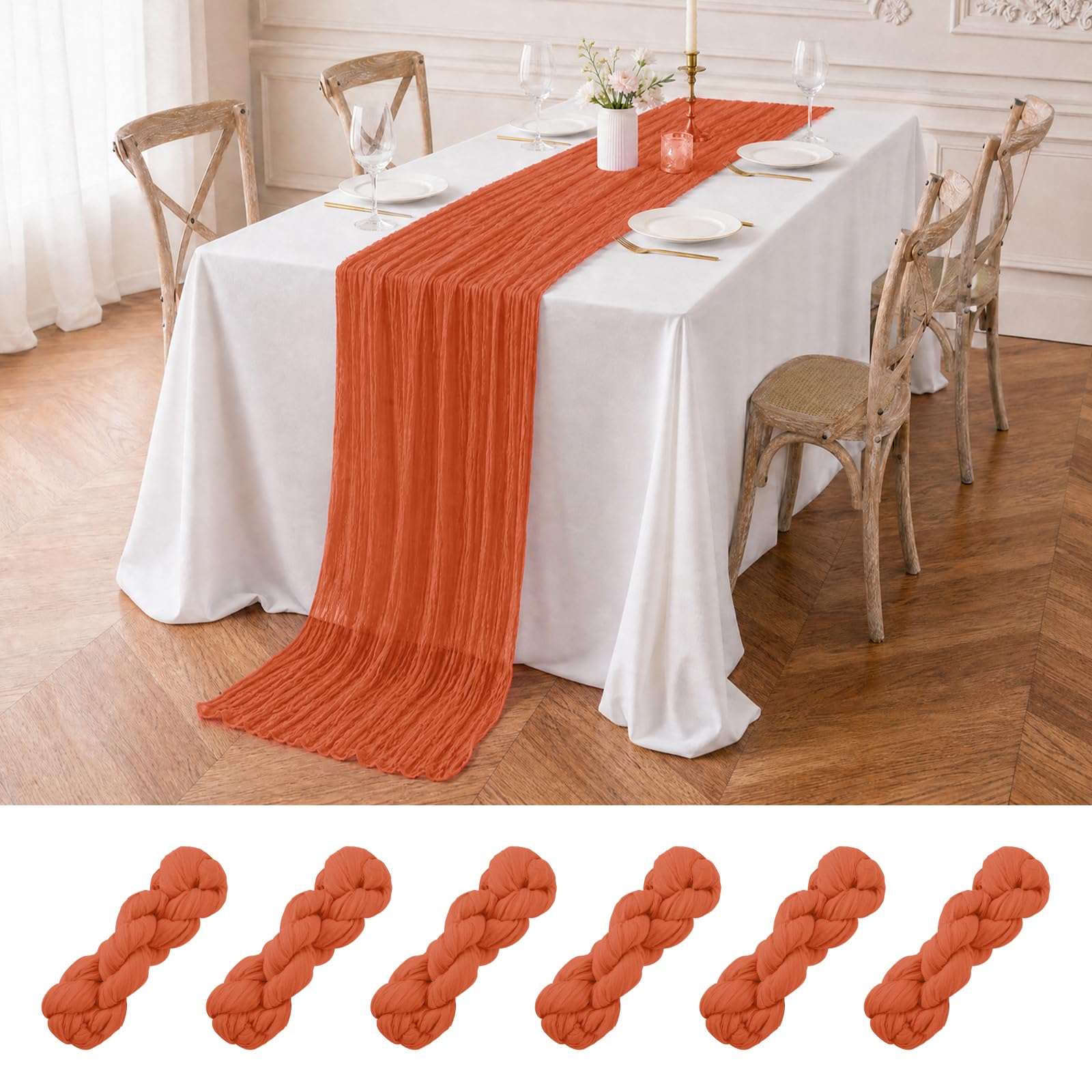 6 PCS Burnt Orange Table Runner,90x300cm Cheesecloth Table Runners,Romantic Sheer Tablerunner,10FT Gauze Boho Table Runner,Rustic Cheese Cloth Table Runner for Wedding Party Bridal Shower Table