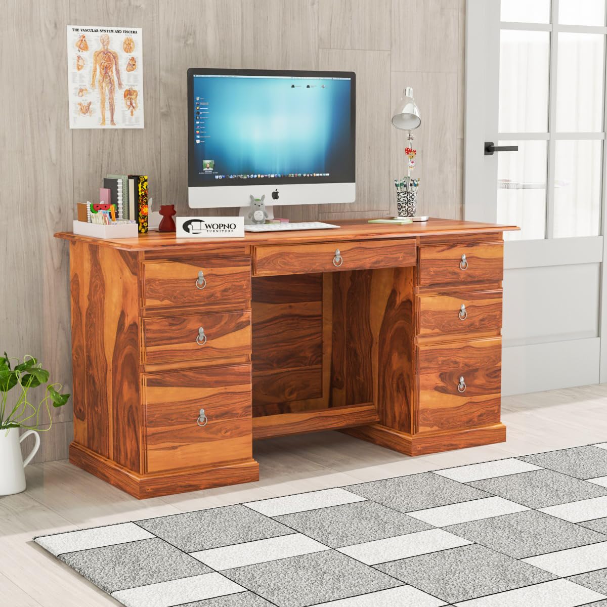 wopno furniture solid sheesham wooden study table & desk with drawer for office and home | computer laptop table | reading & writing table | laptop desk | rosewood table (honey)