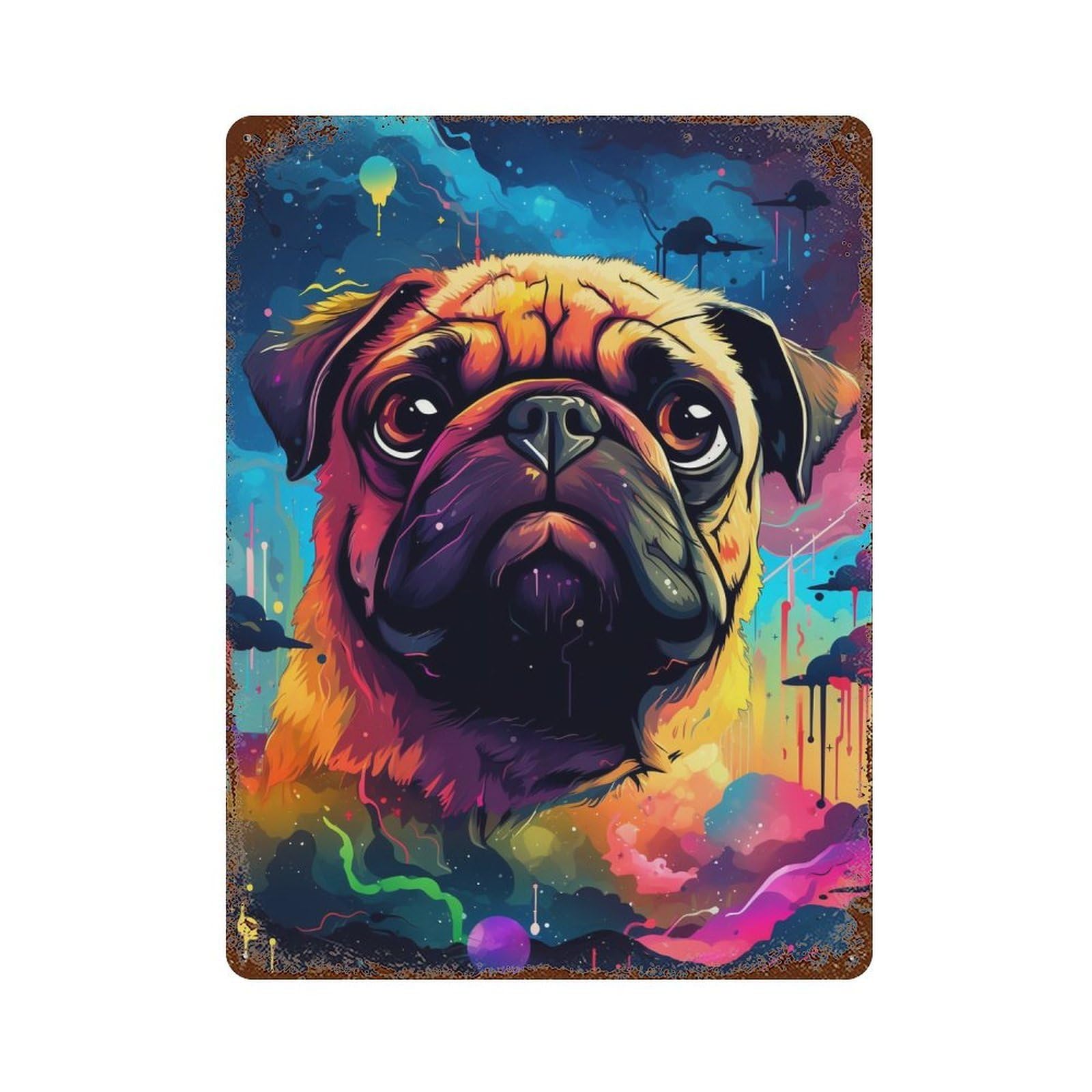 Vintage Metal Tin Sign Colorful Pug Portrait 15.7"x11.8", Classic Wall Plaque for Farmhouse, Kitchen And Entryway Decor