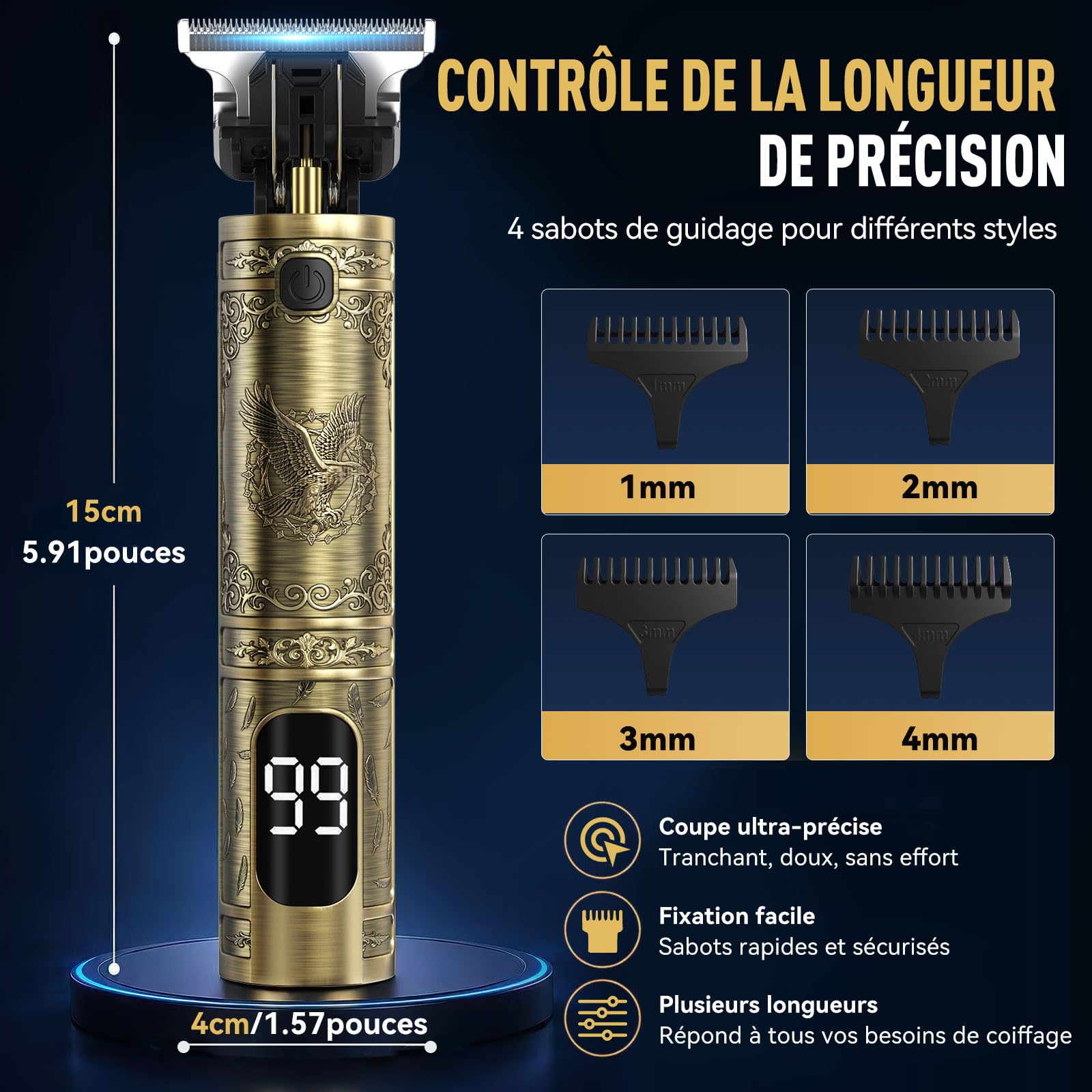 Tondeuse Cheveux Hommes, Tondeuse Barbe Homme Professionnel Tondeuse Cheveux et Barbe Homme Rasoir Electriques Hommes Sans Fil avec Ecran LED Intelligent Rechargeable USB C Cadeau Homme