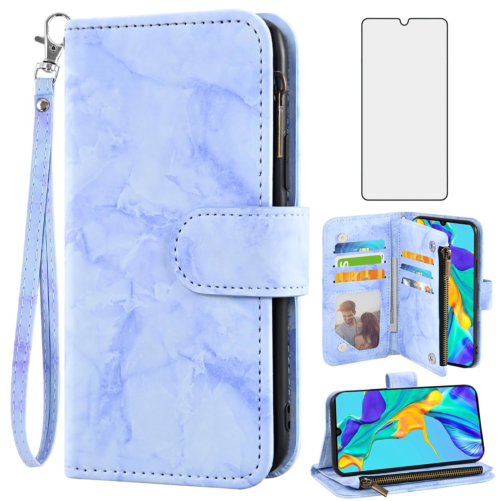 Asuwish Phone Case For Huawei P30 Wallet Cover With Tempered Glass Screen Protector Crossbody Wrist Strap Leather Flip Pattern Zipper Credit Card
