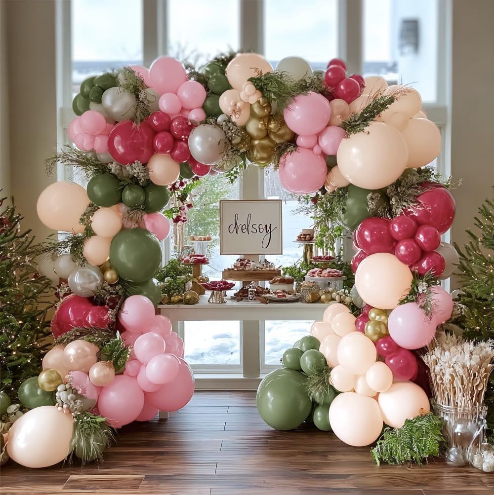 Pink Green Beige Balloon Garland Double Stuffed Balloon Garland Different Sizes 18In 12In 5In Light Pink Mauve sage green Balloon Arch Kit For Baby Shower Gender Reveal Birthday Party Decorations